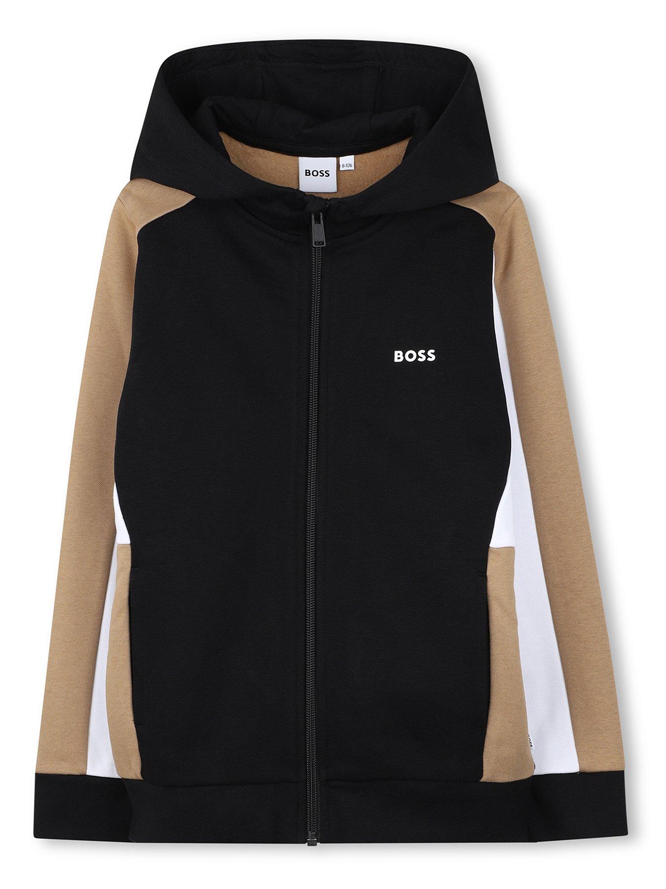 front image of boss-boys-colour-block-zip-through-hoodie-black