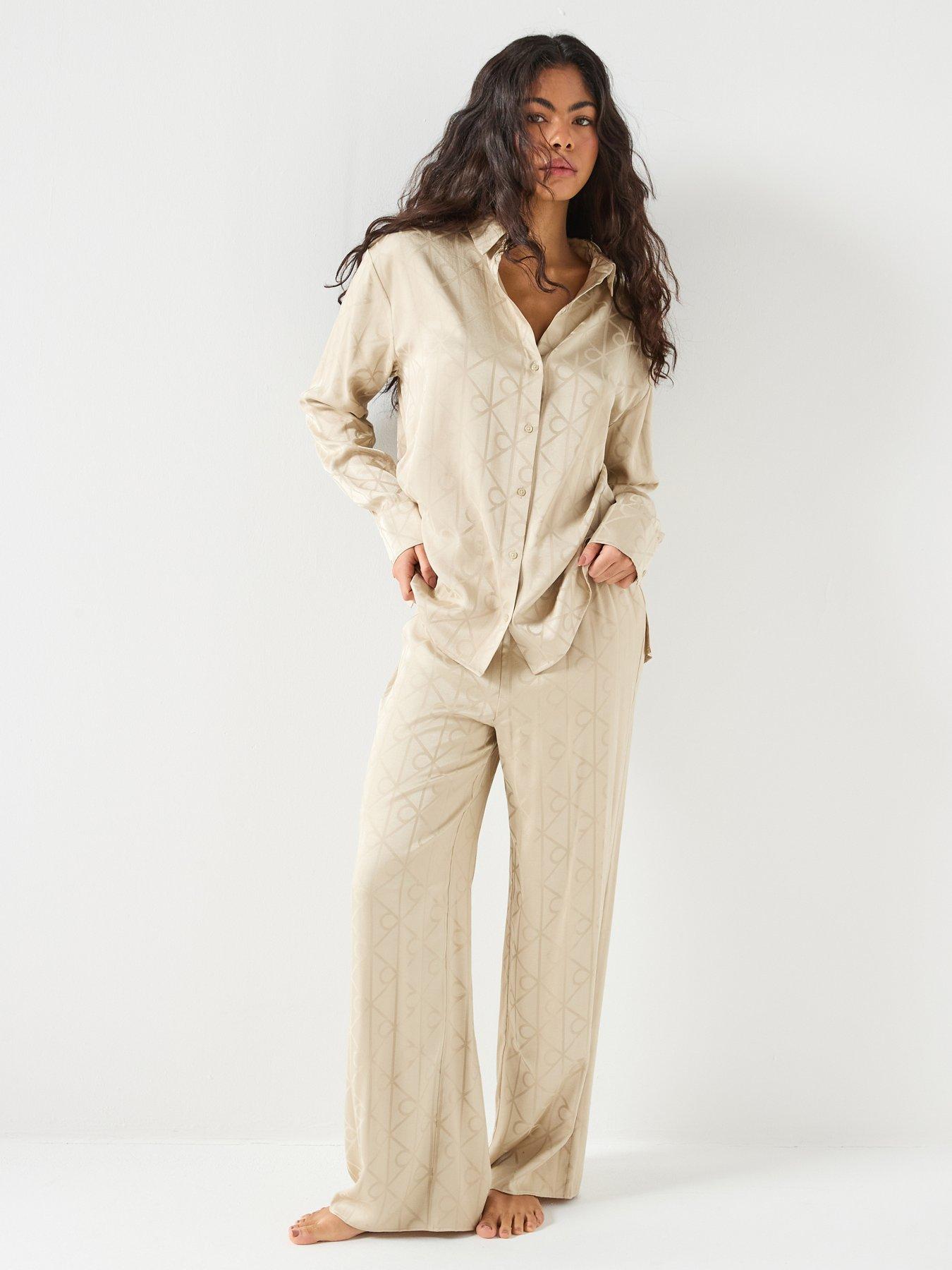 Calvin Klein Satin Long Sleeve Shirt And Pant Set - Cream