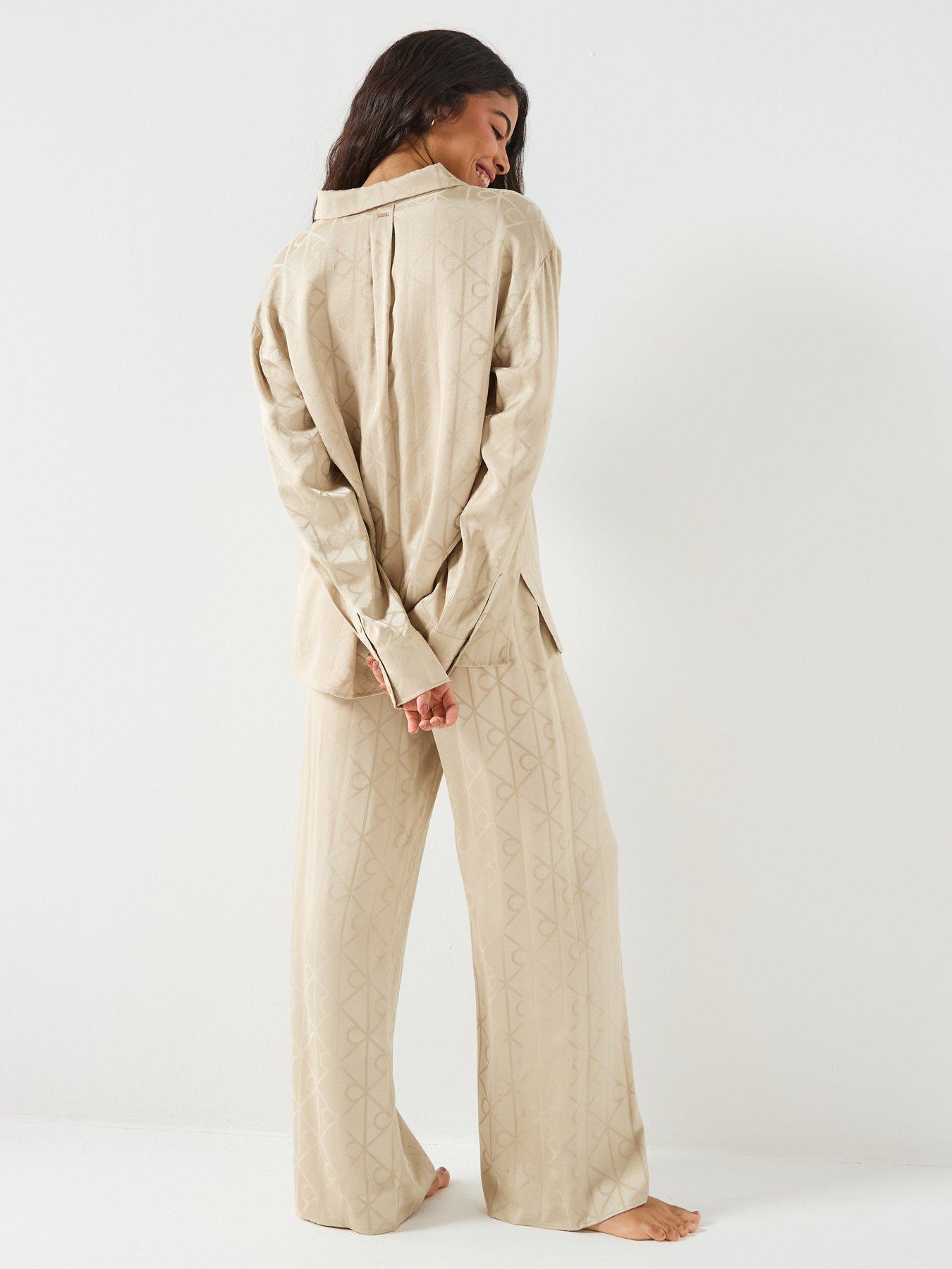 stillFront image of calvin-klein-satin-long-sleeve-shirt-and-pants-set-cream