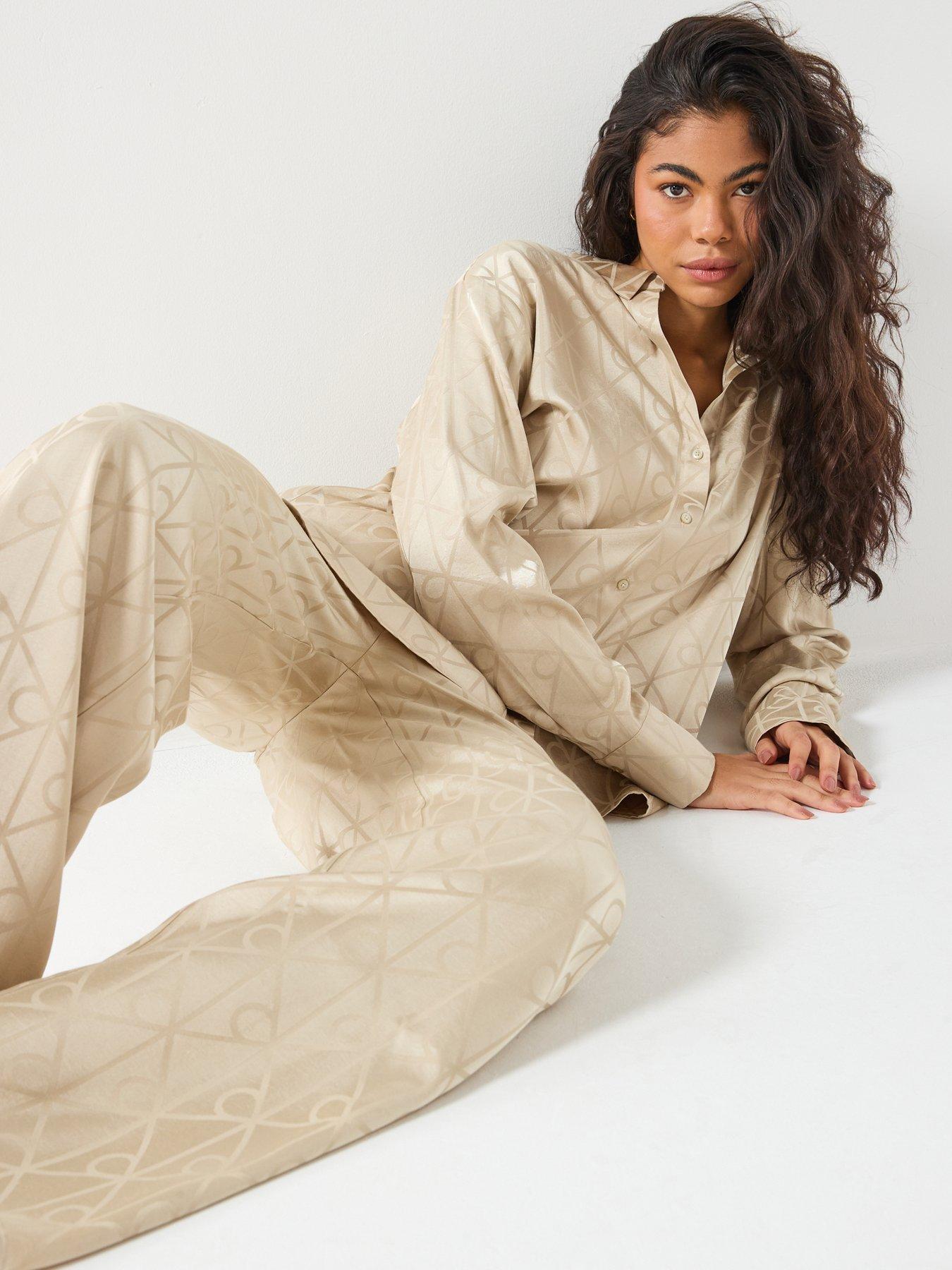  image of calvin-klein-satin-long-sleeve-shirt-and-pants-set-cream