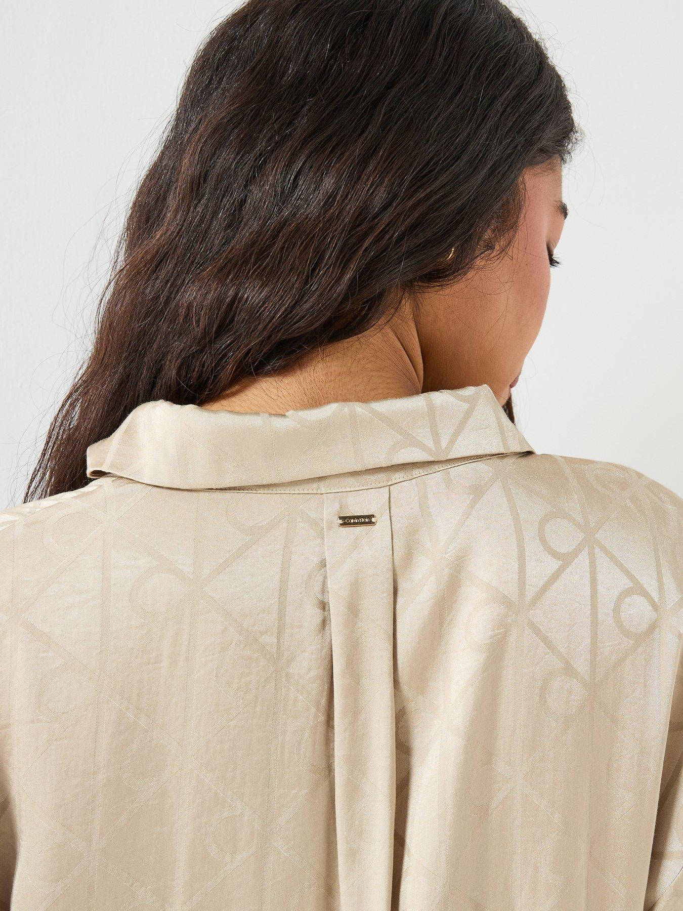  image of calvin-klein-satin-long-sleeve-shirt-and-pants-set-cream