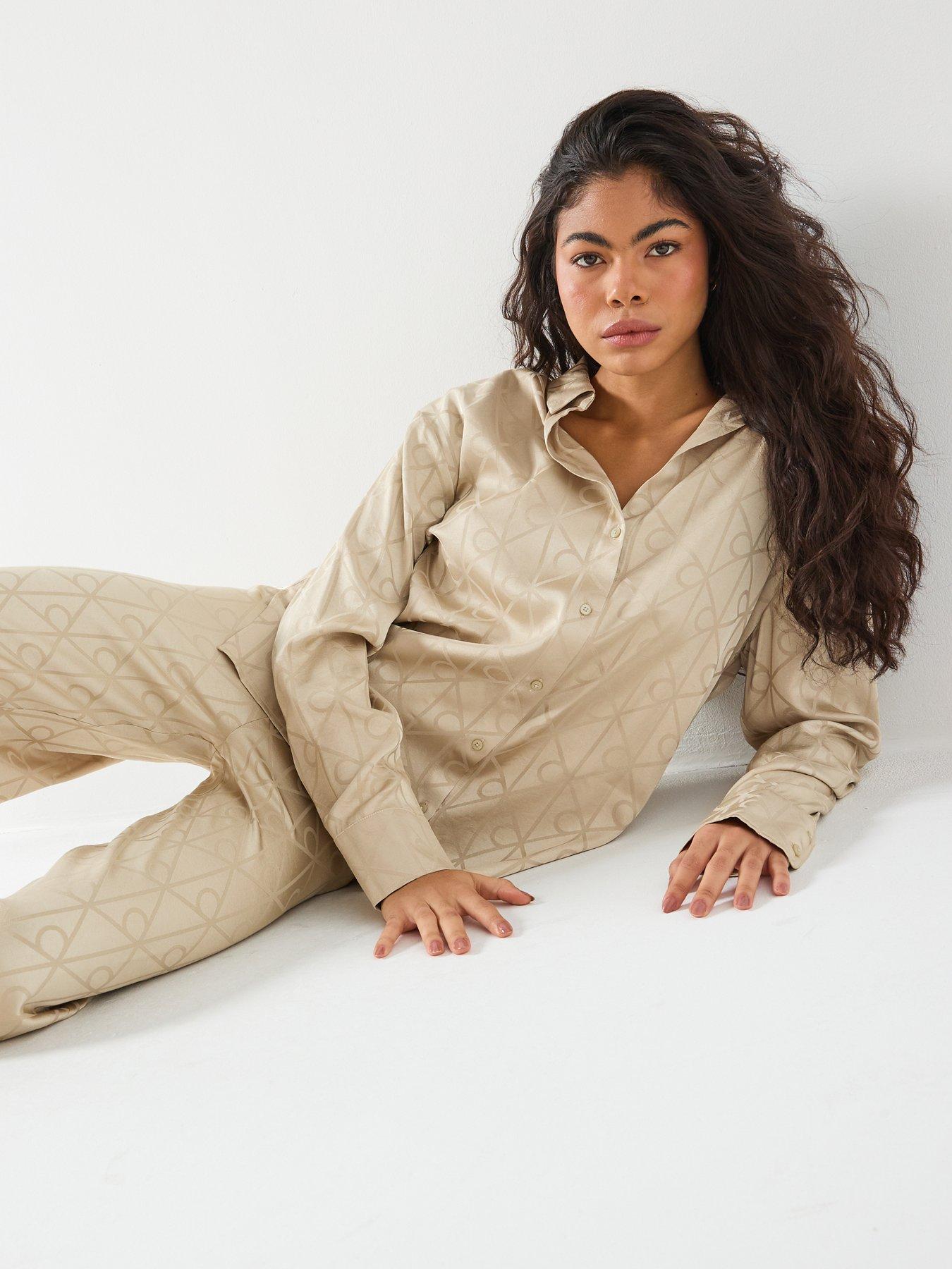  image of calvin-klein-satin-long-sleeve-shirt-and-pants-set-cream