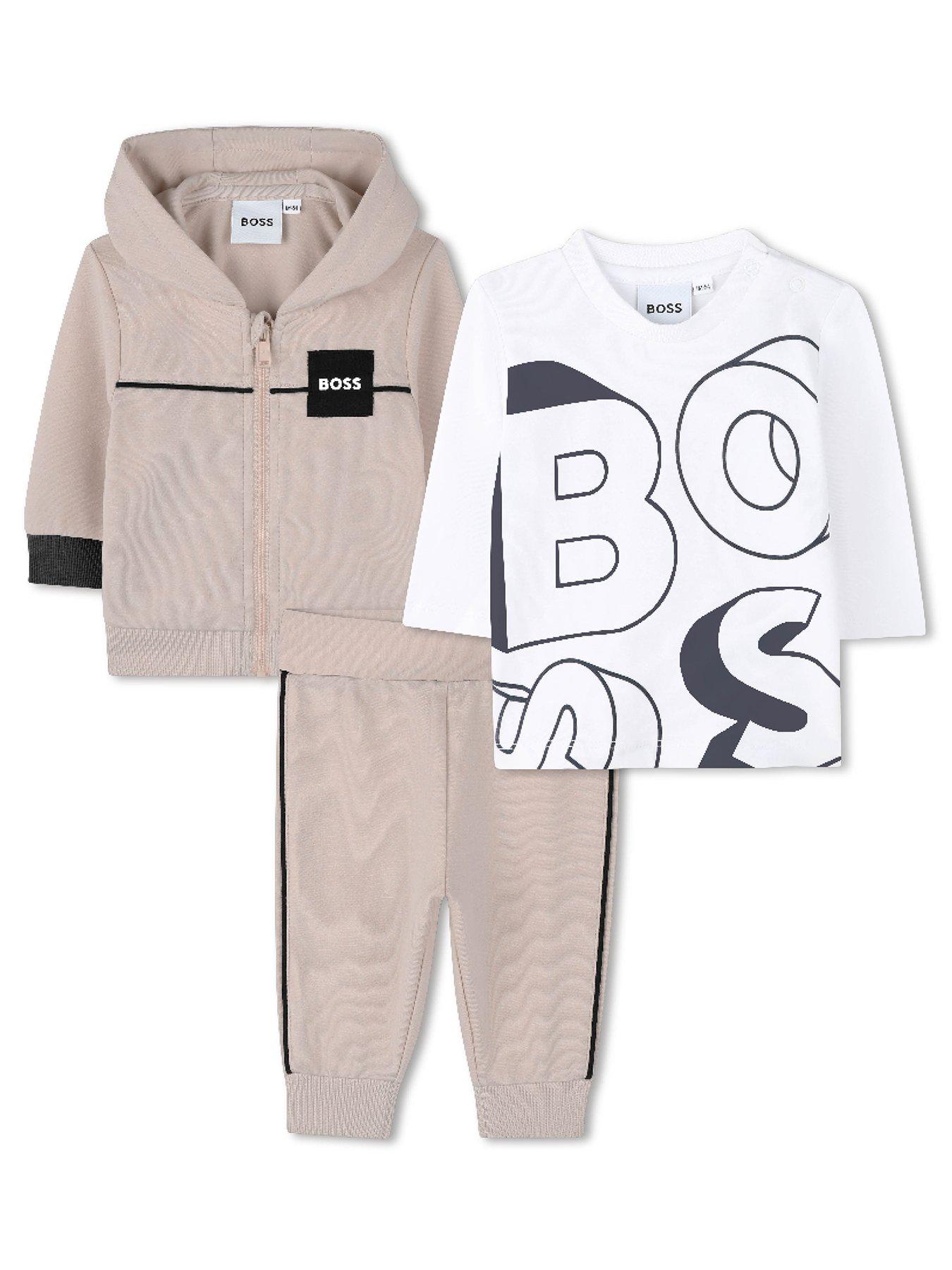 front image of boss-newborn-baby-boys-3-piece-tracksuit-set-beige