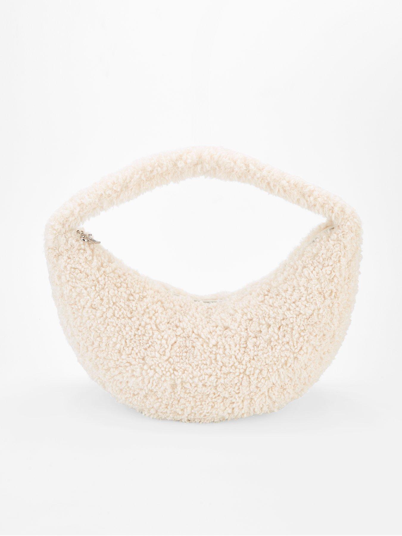 Image 1 of 4 of Calvin Klein Teddy Sherpa CK Large Shoulder Bag - Natural