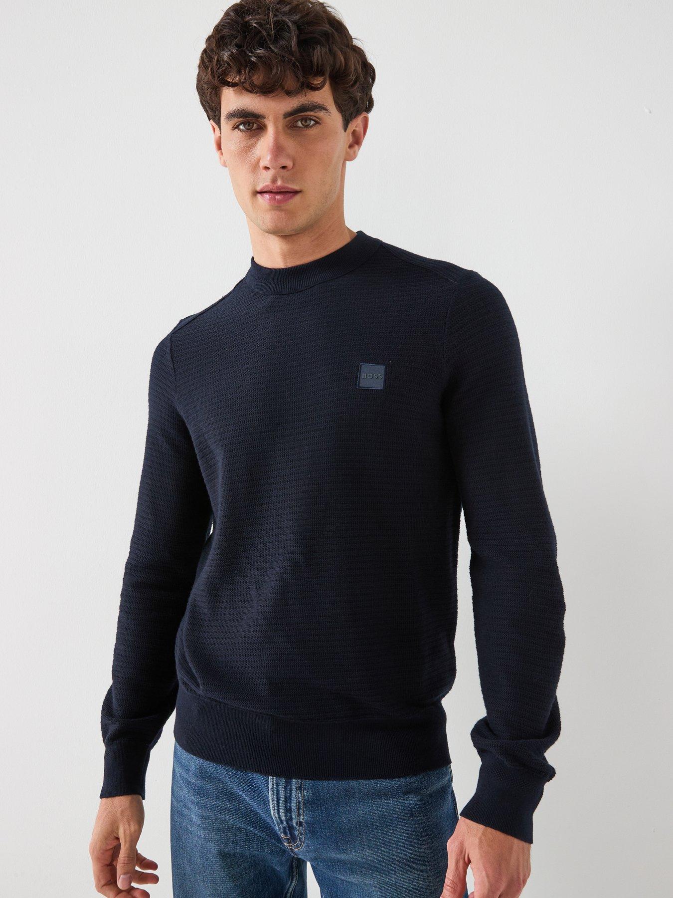 Image 1 of 5 of BOSS Anion Regular Fit Waffle Crew Knitted Jumper - Navy