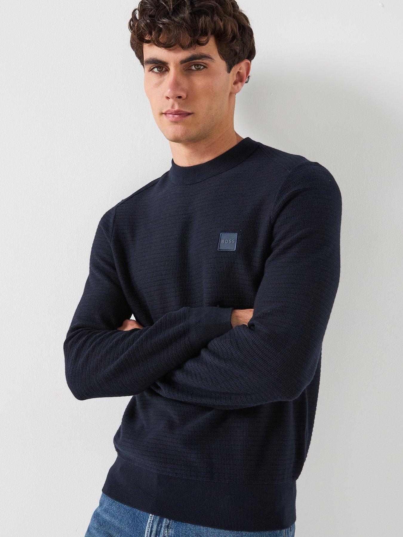 Image 5 of 5 of BOSS Anion Regular Fit Waffle Crew Knitted Jumper - Navy