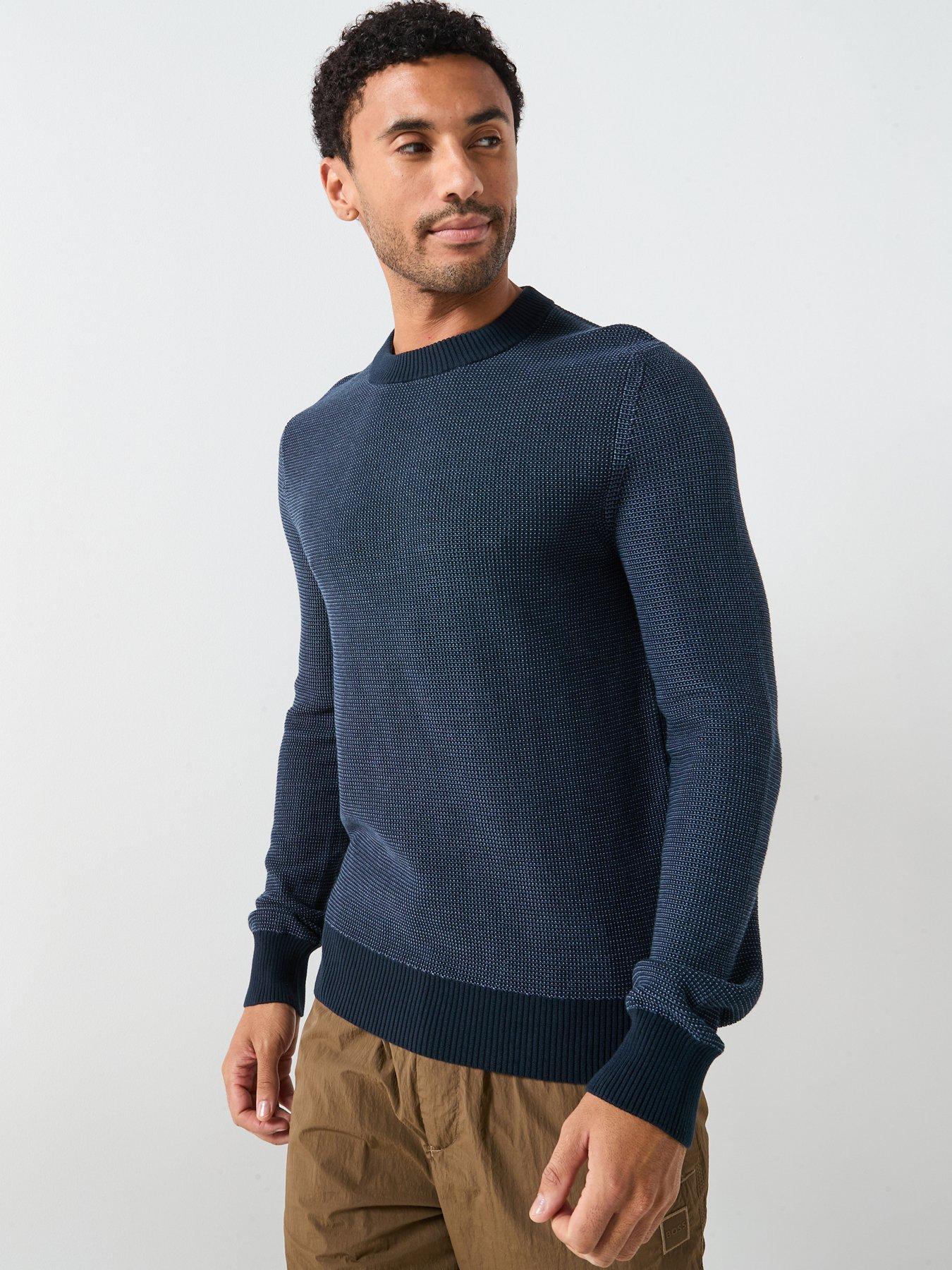 Image 1 of 5 of BOSS Klapok Contrast Waffle Crew Knitted Jumper - Navy