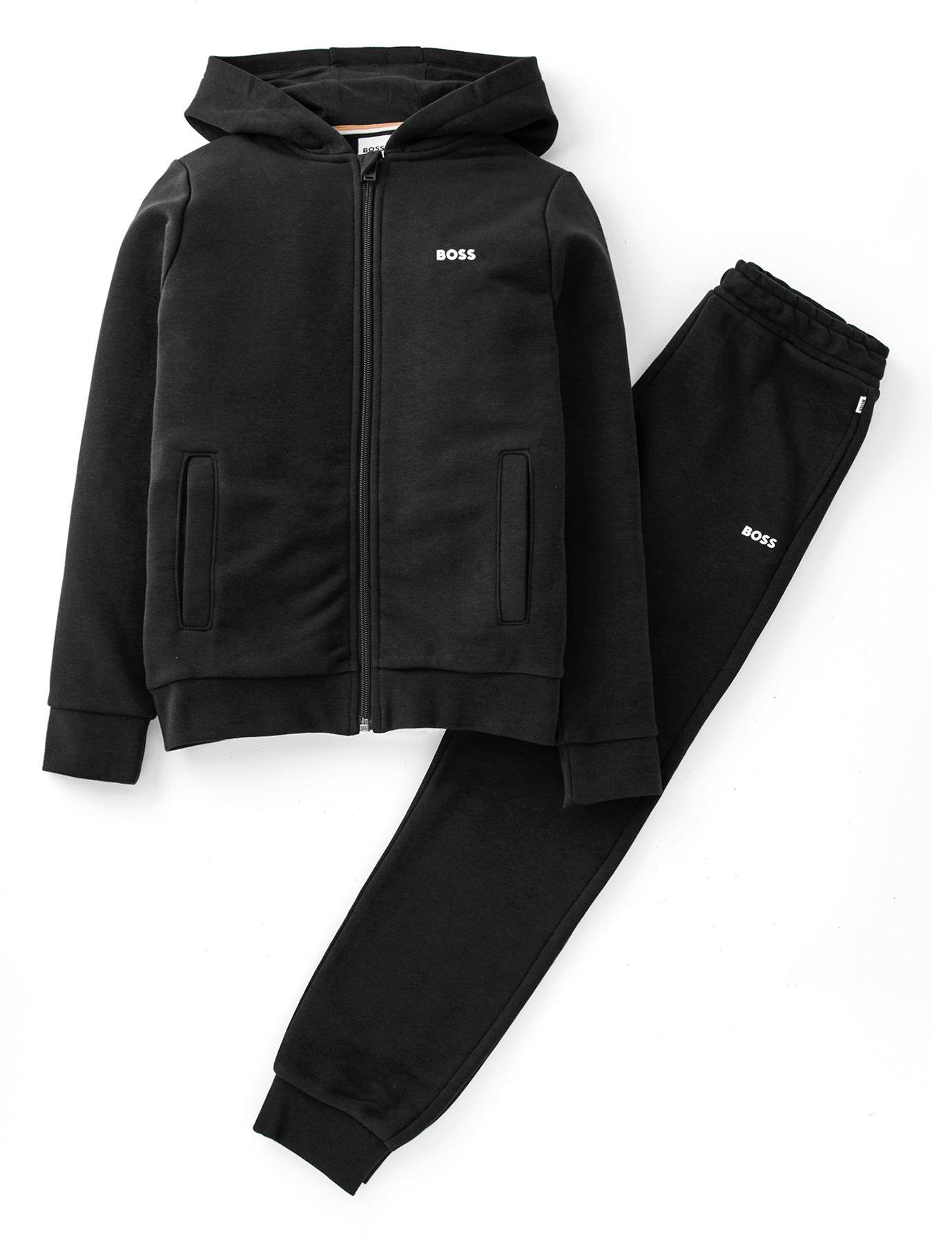 front image of boss-boys-zip-through-hoodie-tracksuit-black