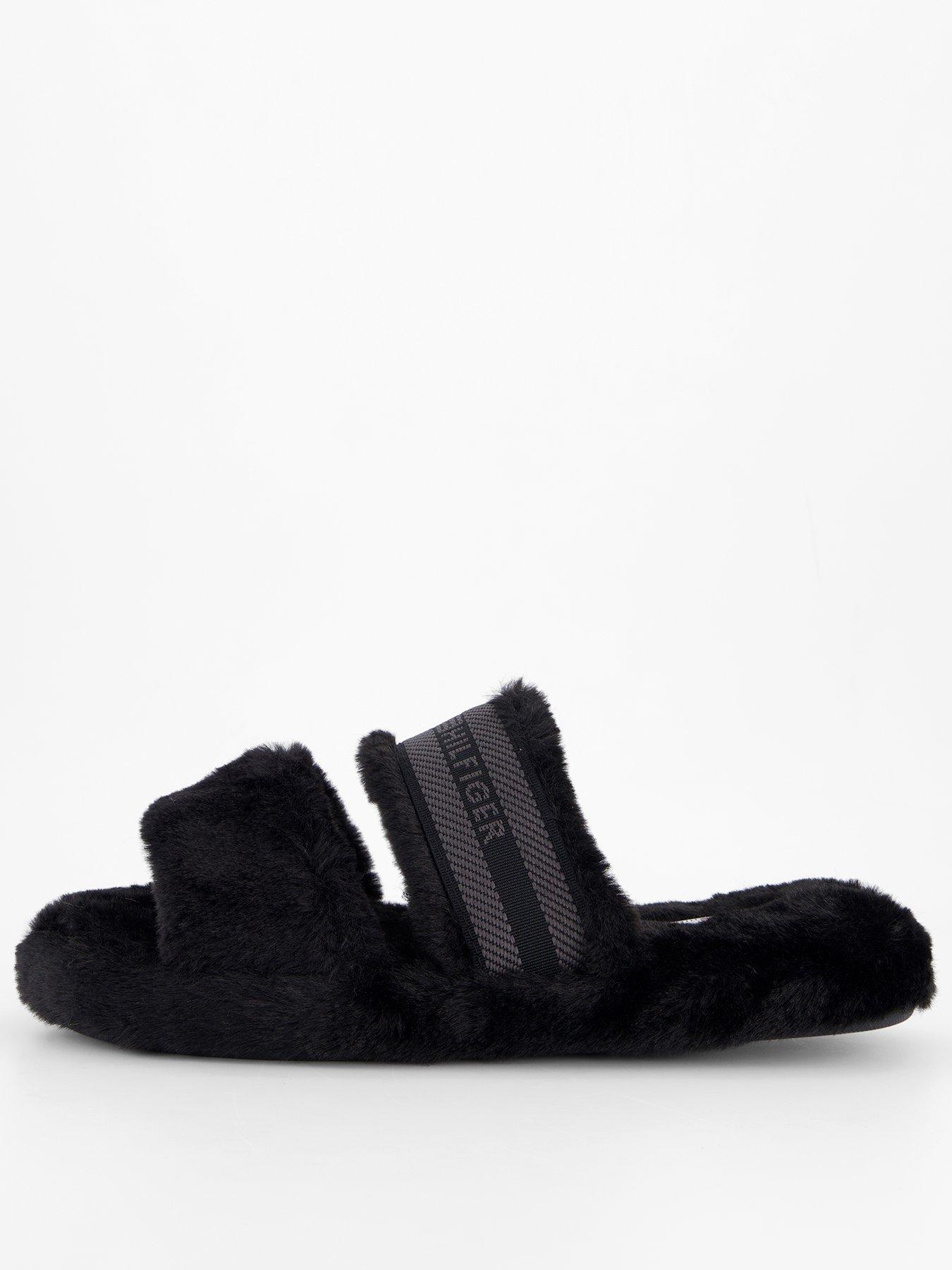 front image of tommy-hilfiger-logo-fur-slipper-black