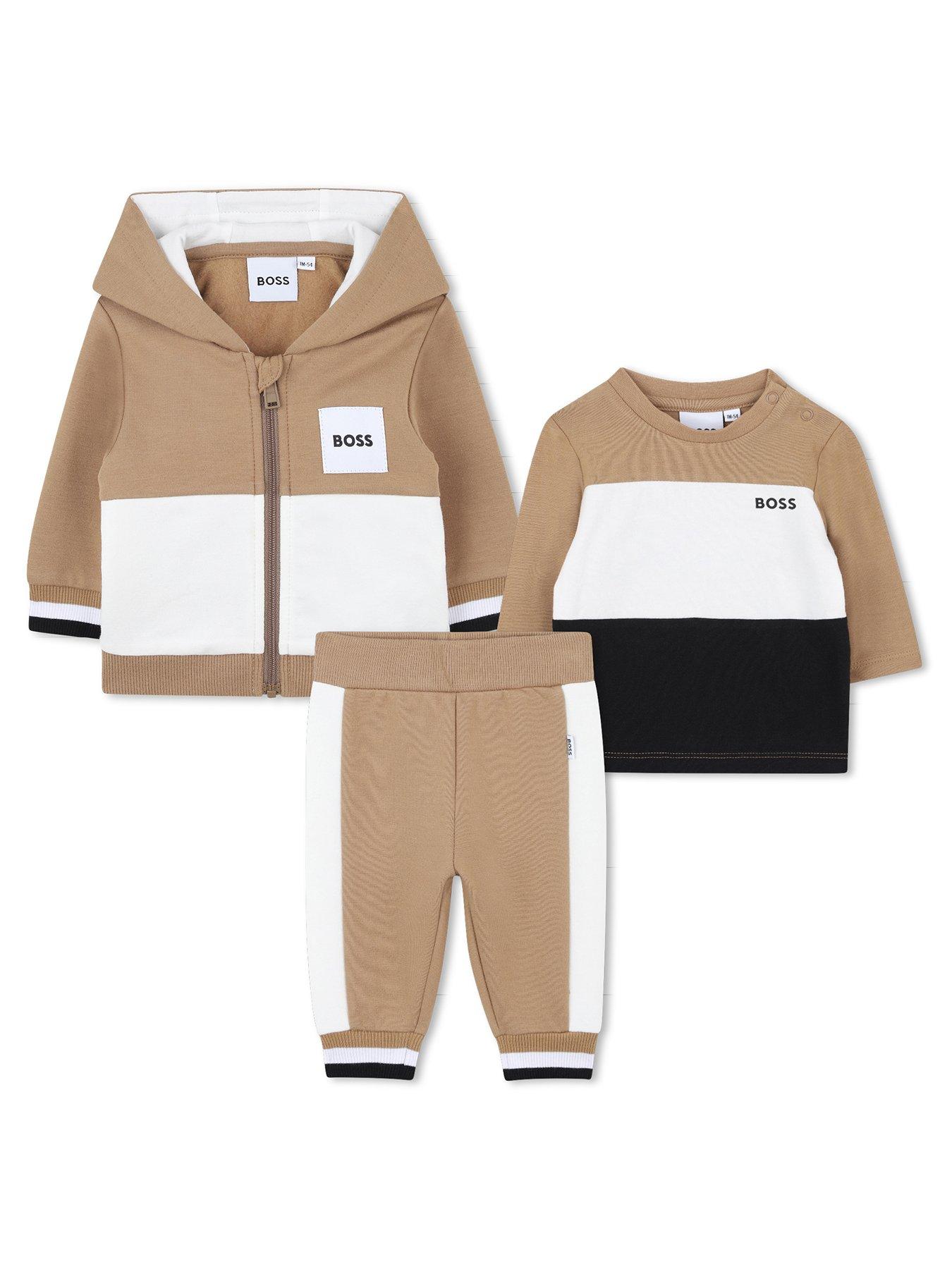 front image of boss-newborn-baby-boys-3-piece-colour-block-tracksuit-set-beige