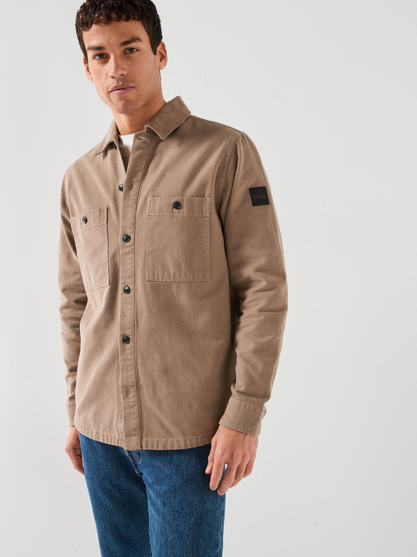  image of boss-oversize-fit-garment-dye-overshirt-dark-beige