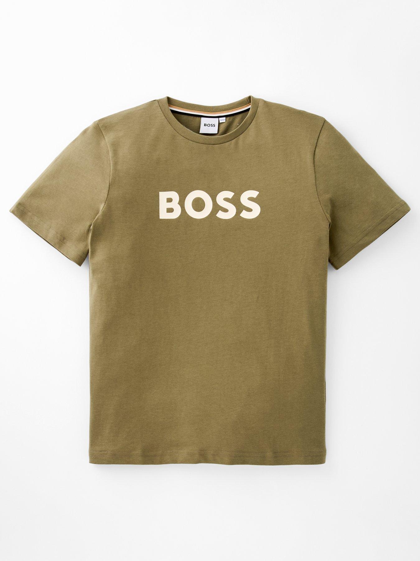 front image of boss-boys-short-sleeve-large-logo-t-shirt-khaki