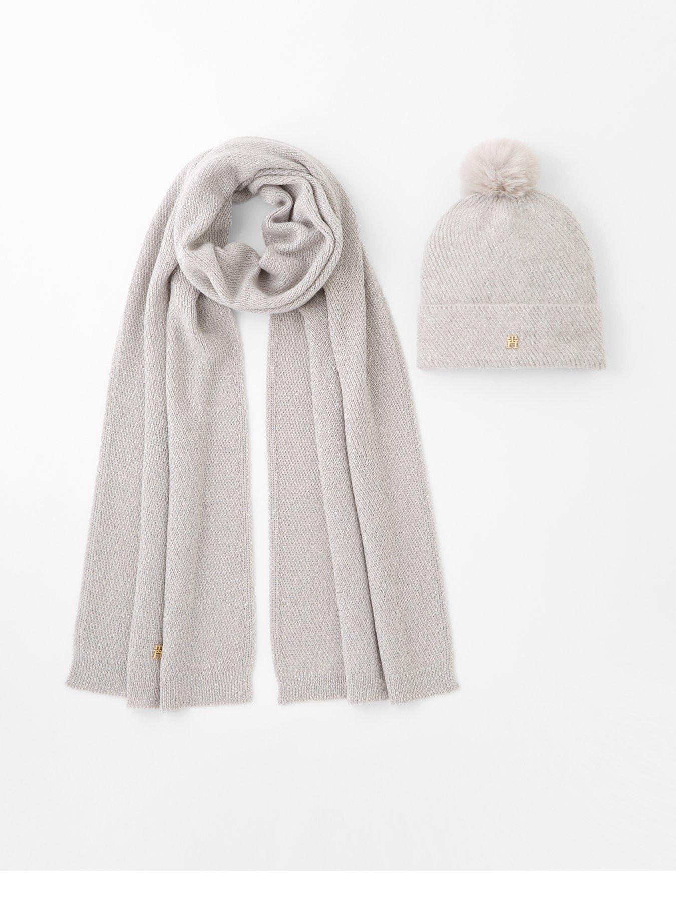 front image of tommy-hilfiger-pom-pom-beanie-amp-scarf-set-grey