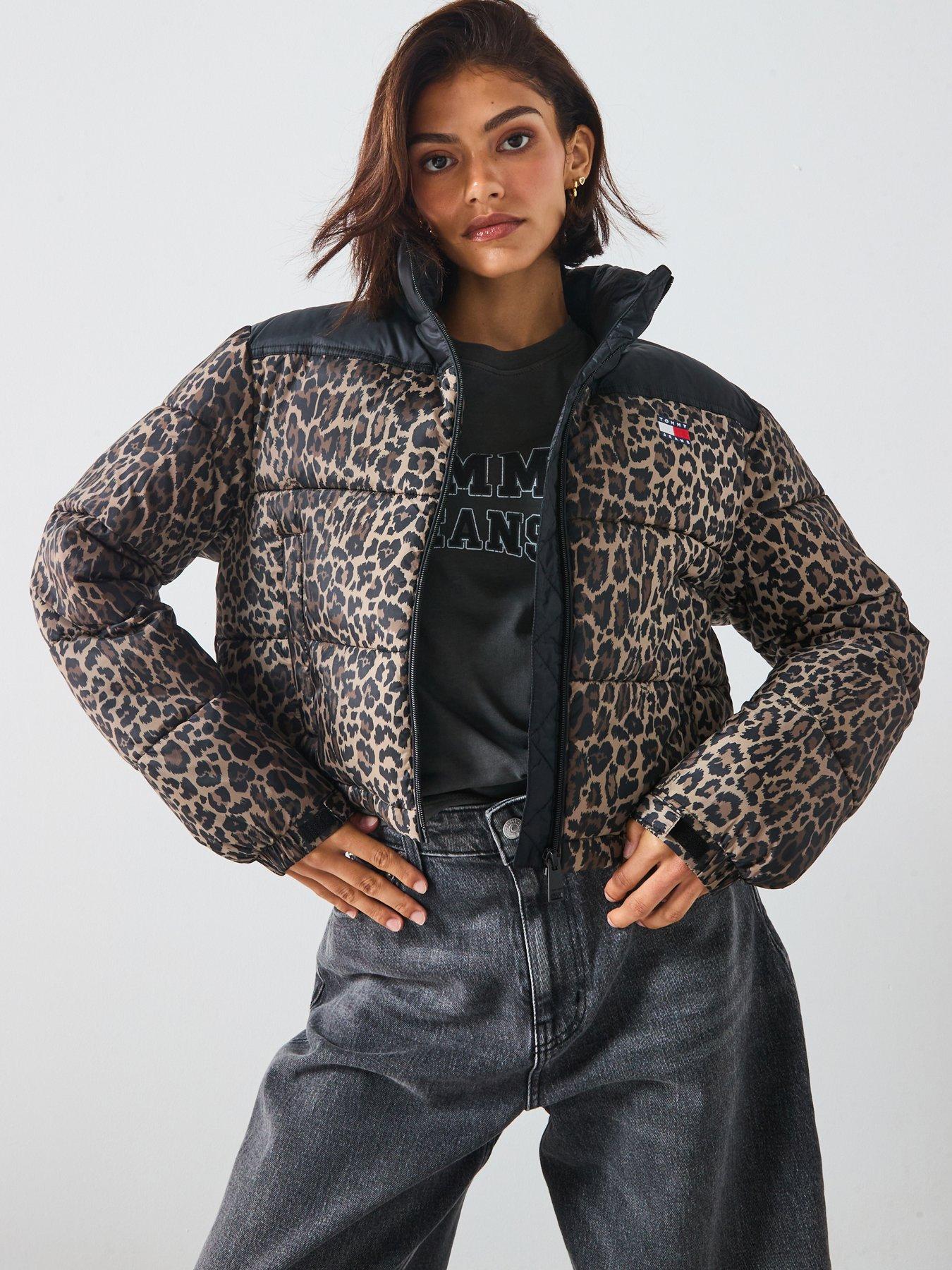 Image 1 of 6 of Tommy Jeans Cropped Leopard Puffer Coat - Brown