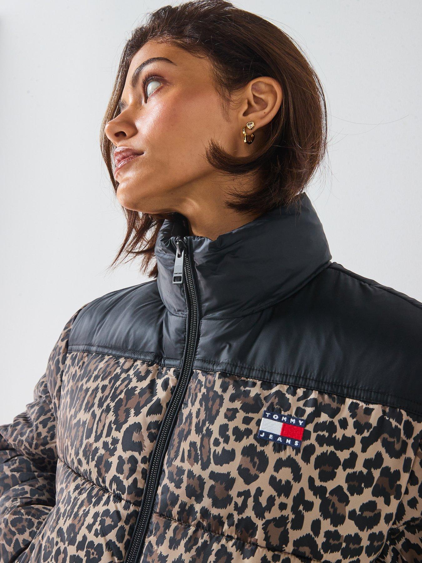 Image 4 of 6 of Tommy Jeans Cropped Leopard Puffer Coat - Brown