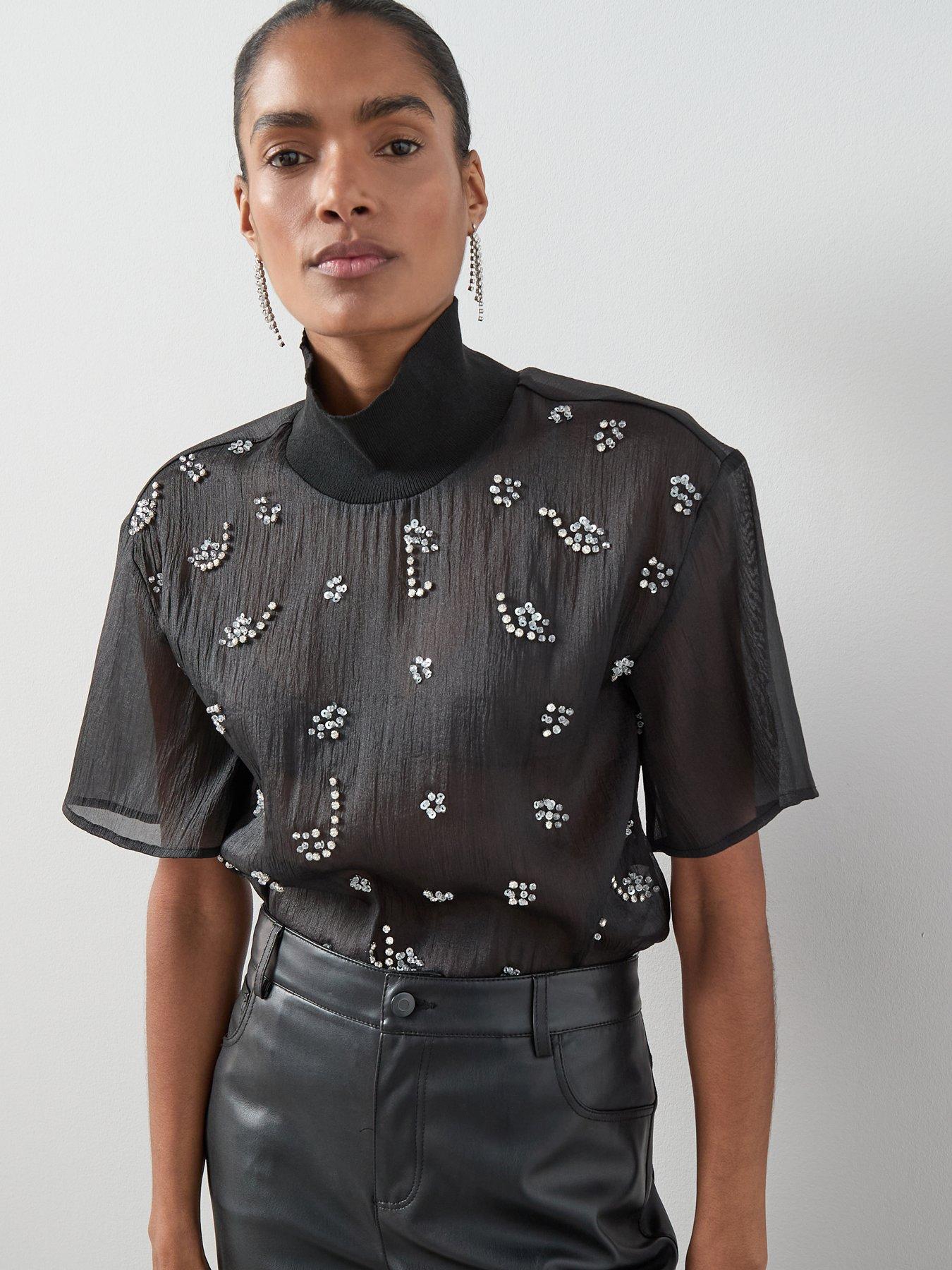 front image of the-very-collection-funnel-neck-sheer-embellished-blousenbsp-black
