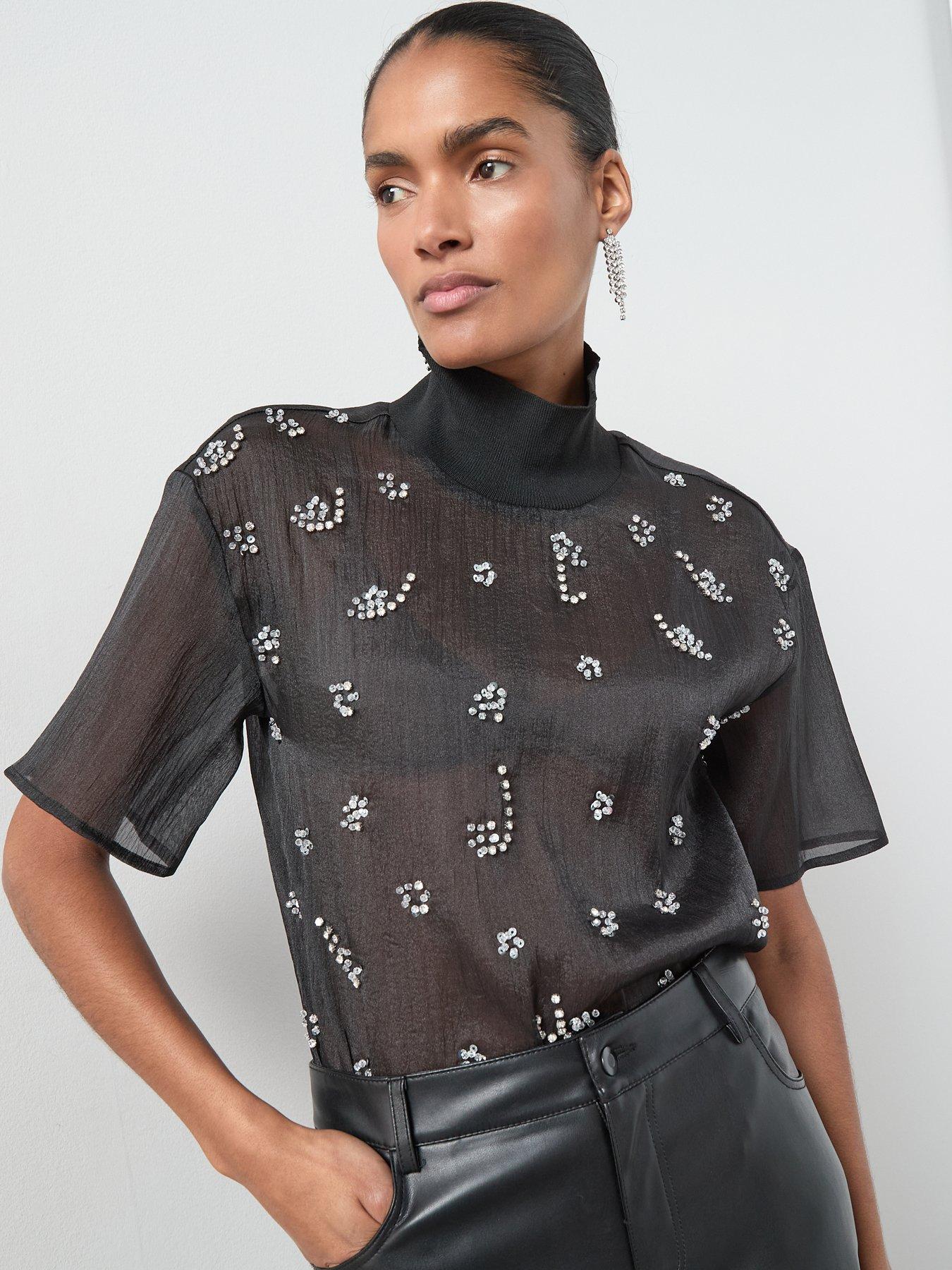  image of the-very-collection-funnel-neck-sheer-embellished-blousenbsp-black