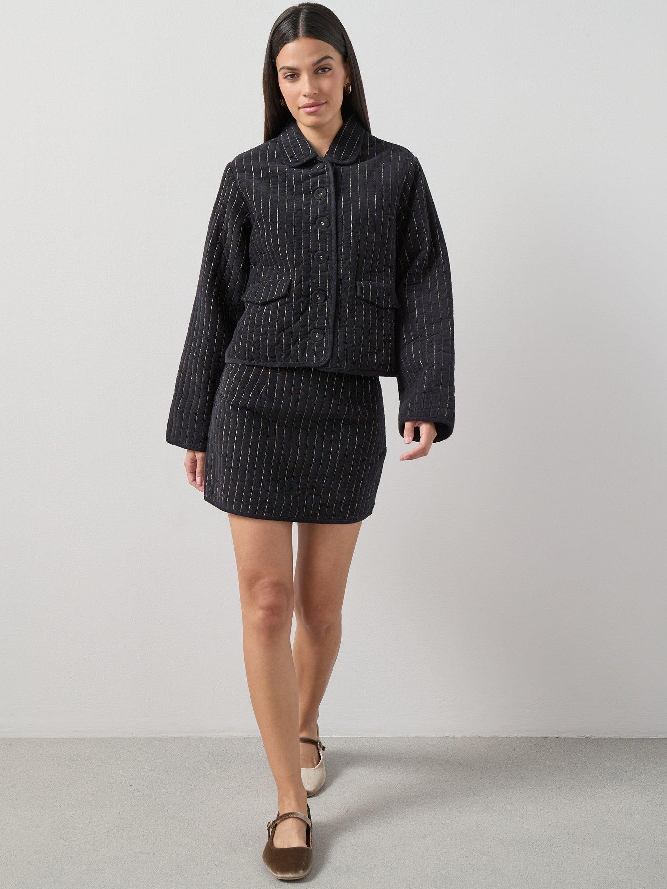  image of the-very-collection-cord-pinstripe-mini-skirt-co-ord-black
