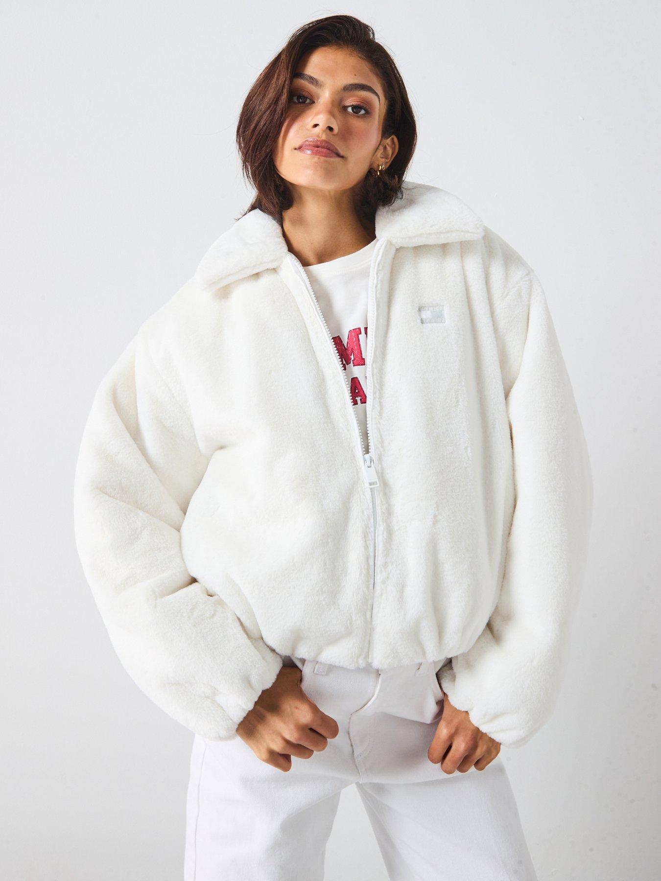 front image of tommy-jeans-faux-fur-bomber-jacket-white
