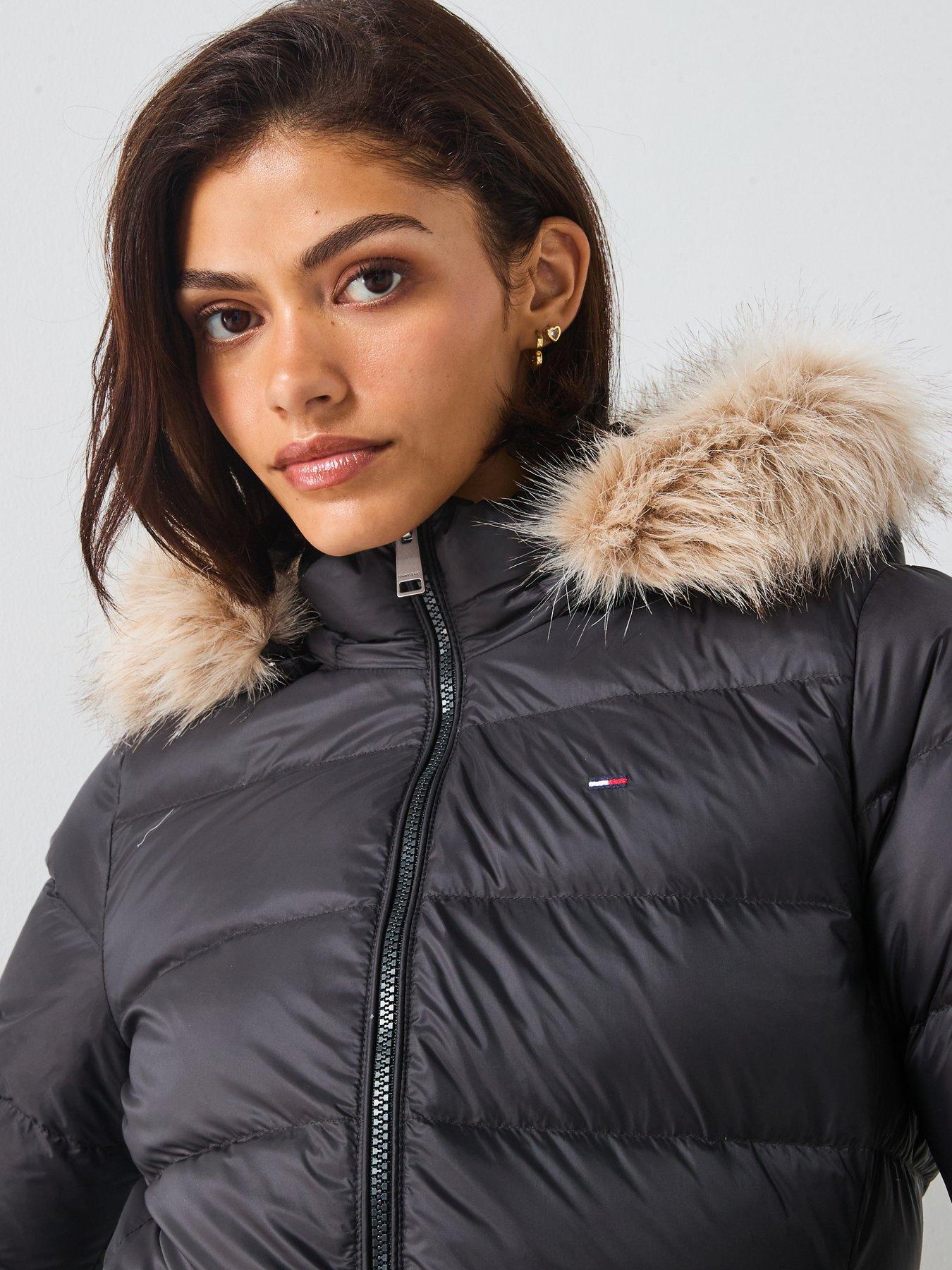 Image 4 of 5 of Tommy Jeans Faux Fur Hood Slim Down Jacket - Black