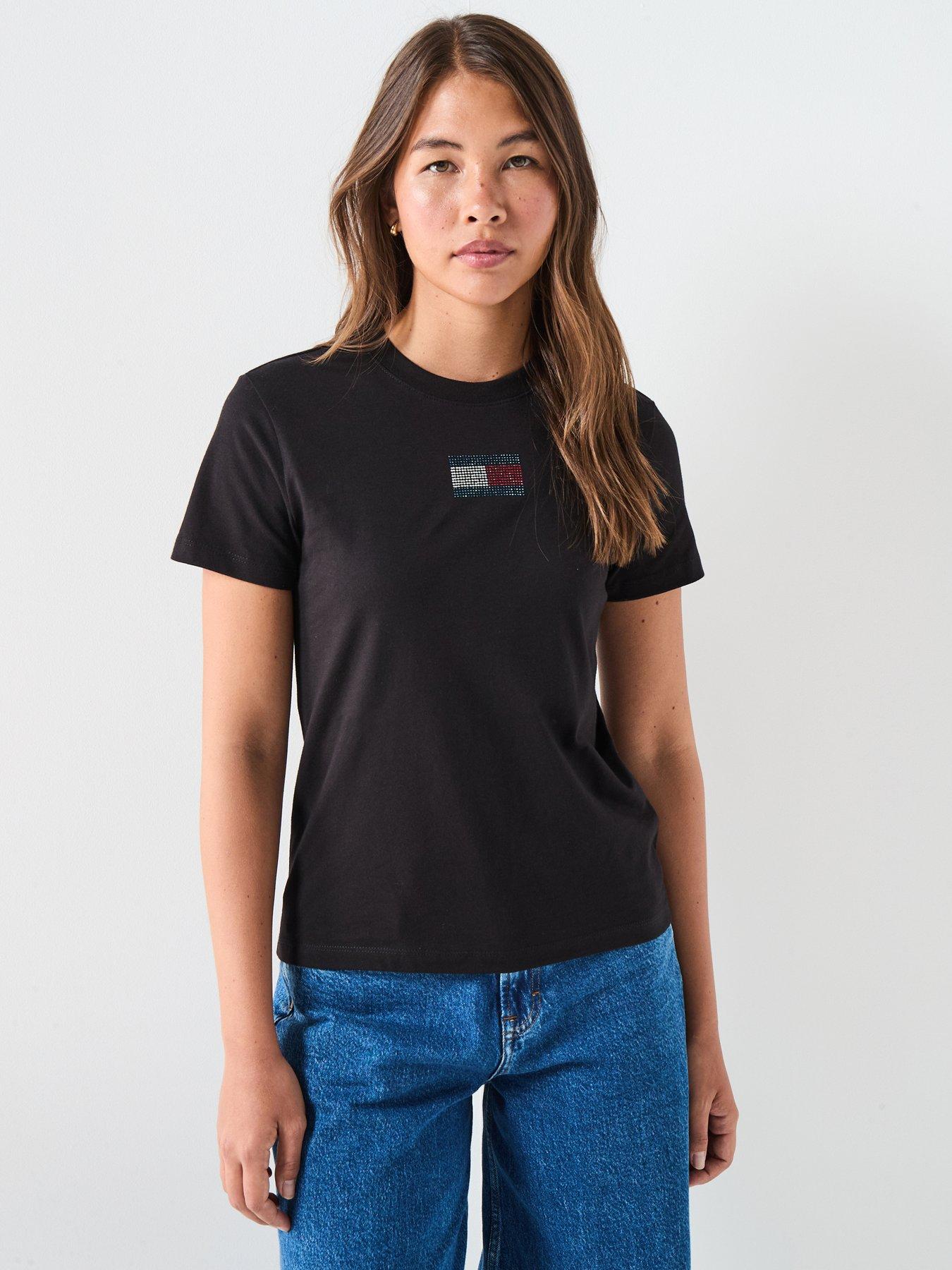  image of tommy-jeans-varsity-diamante-logo-t-shirt-black
