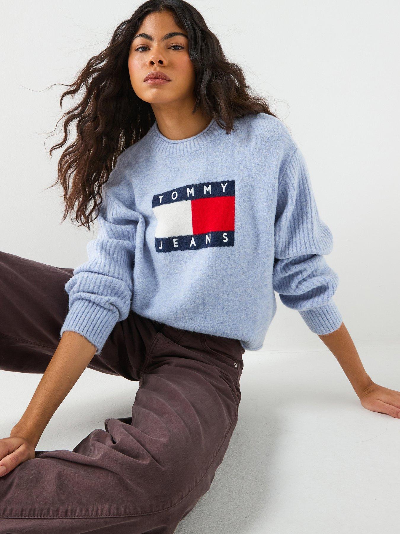 front image of tommy-jeans-melange-flag-sweater-blue