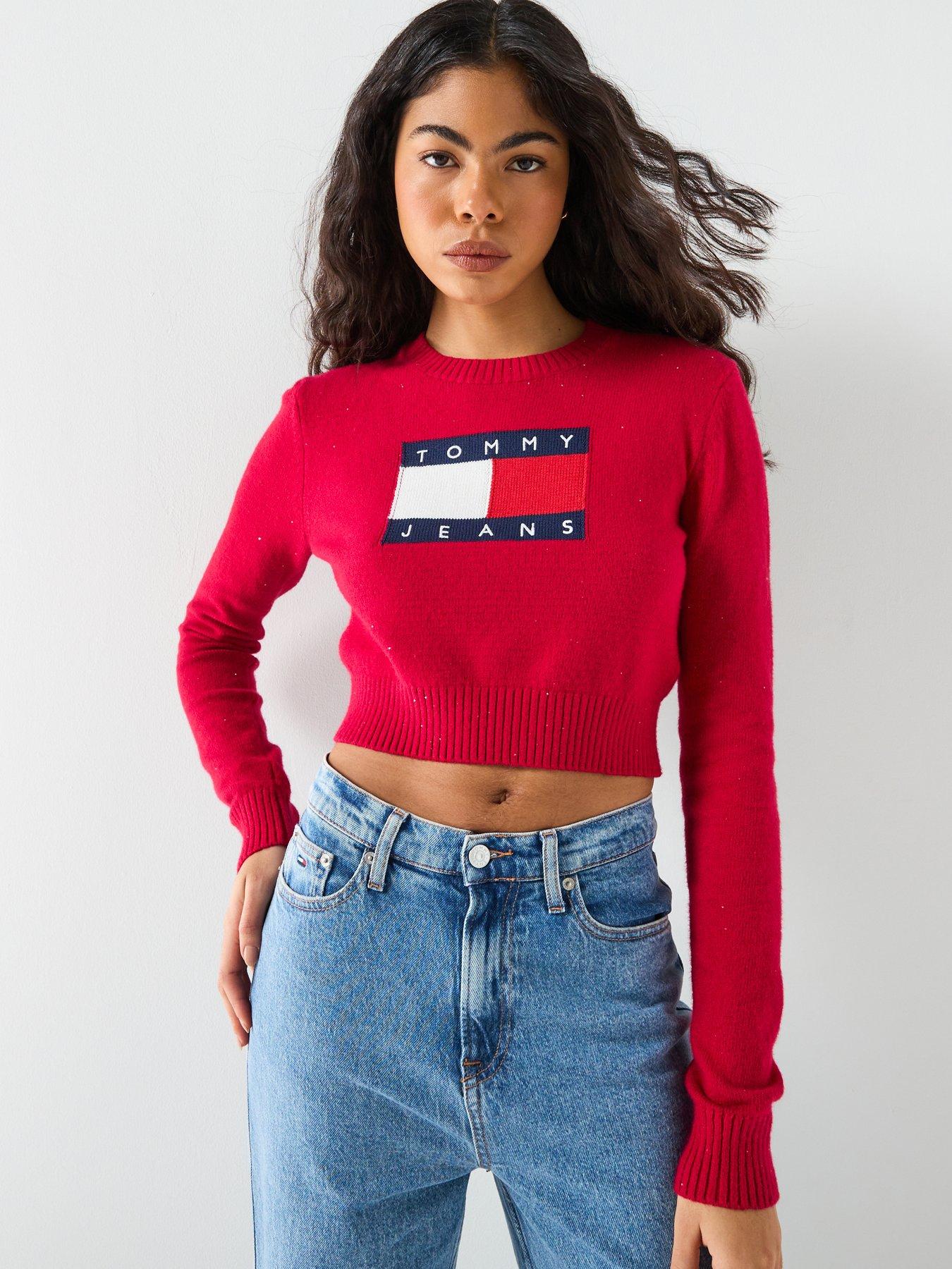  image of tommy-jeans-sparkle-flag-cropped-sweater-red