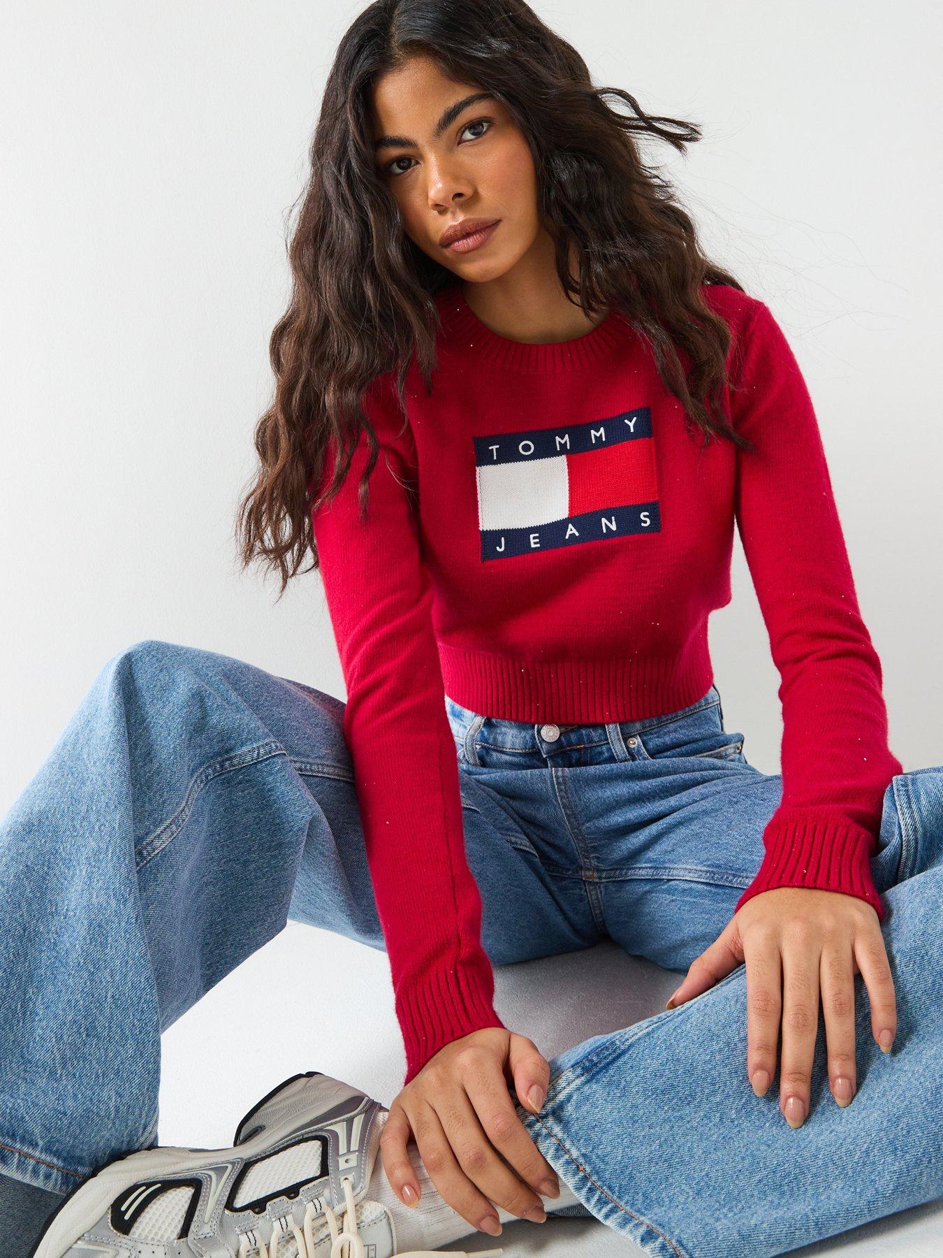  image of tommy-jeans-sparkle-flag-cropped-sweater-red
