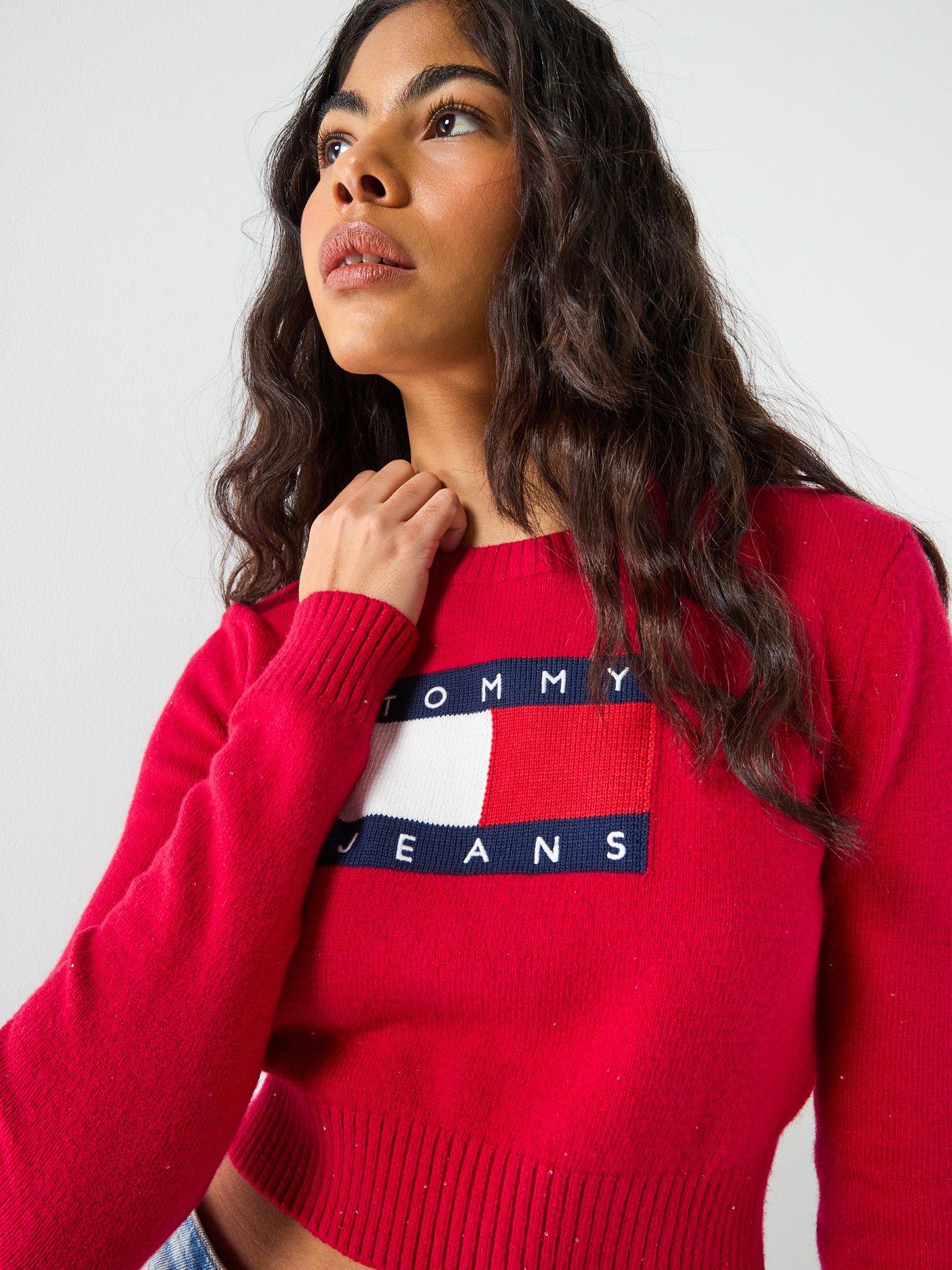  image of tommy-jeans-sparkle-flag-cropped-sweater-red
