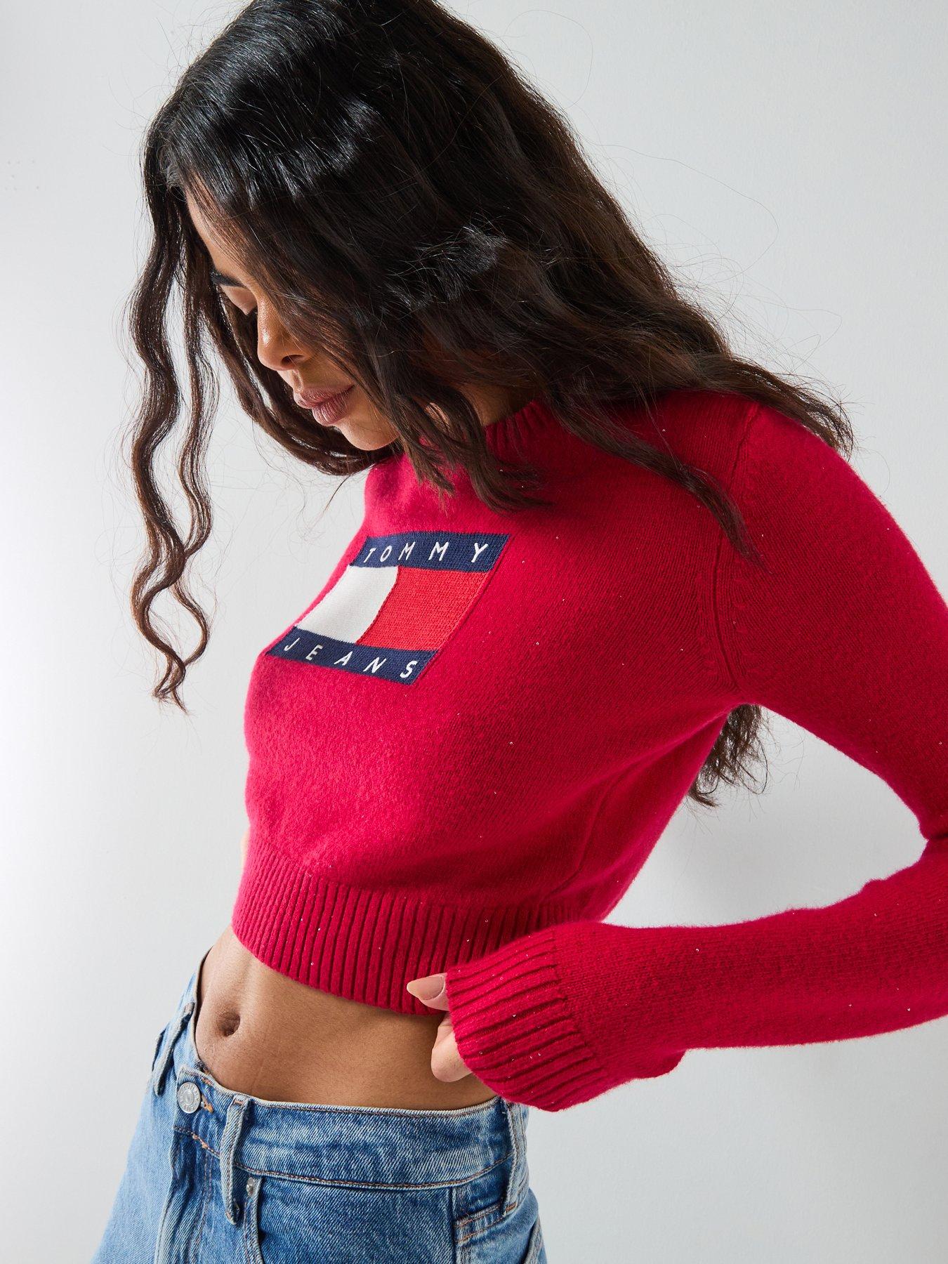 image of tommy-jeans-sparkle-flag-cropped-sweater-red