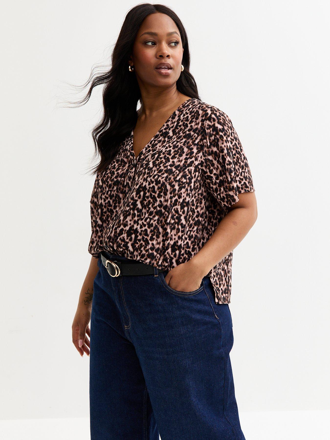 New Look Curves Leopard Print Button Up Top - Brown