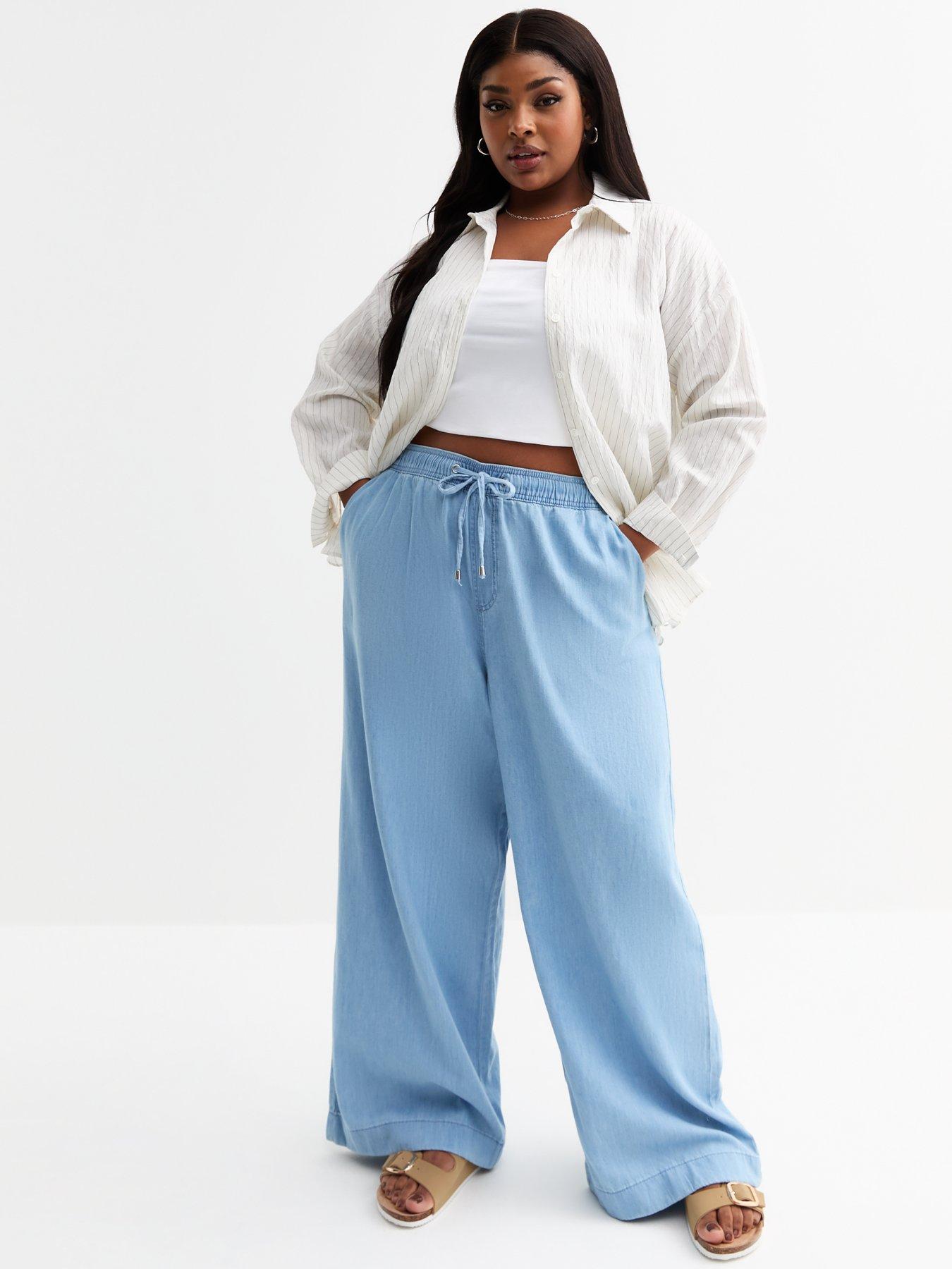  image of new-look-curves-light-blue-drawstring-waist-denim-trouser-jeans
