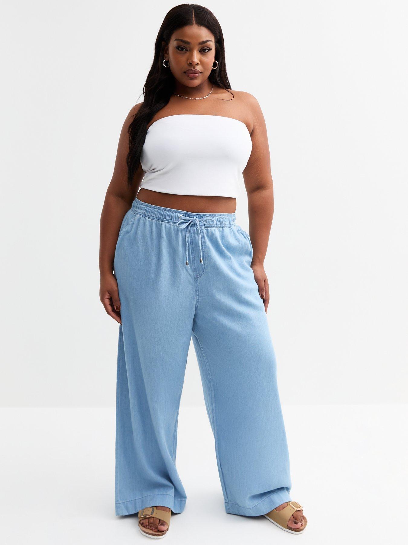  image of new-look-curves-light-blue-drawstring-waist-denim-trouser-jeans