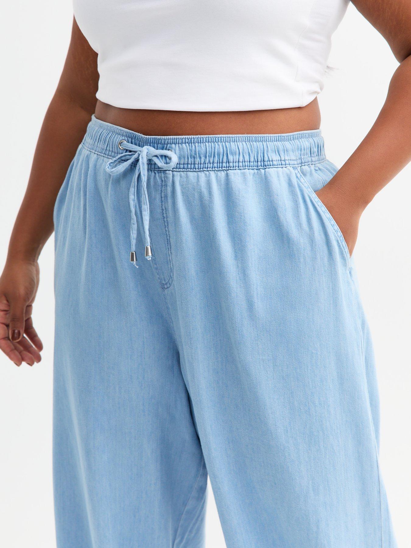  image of new-look-curves-light-blue-drawstring-waist-denim-trouser-jeans