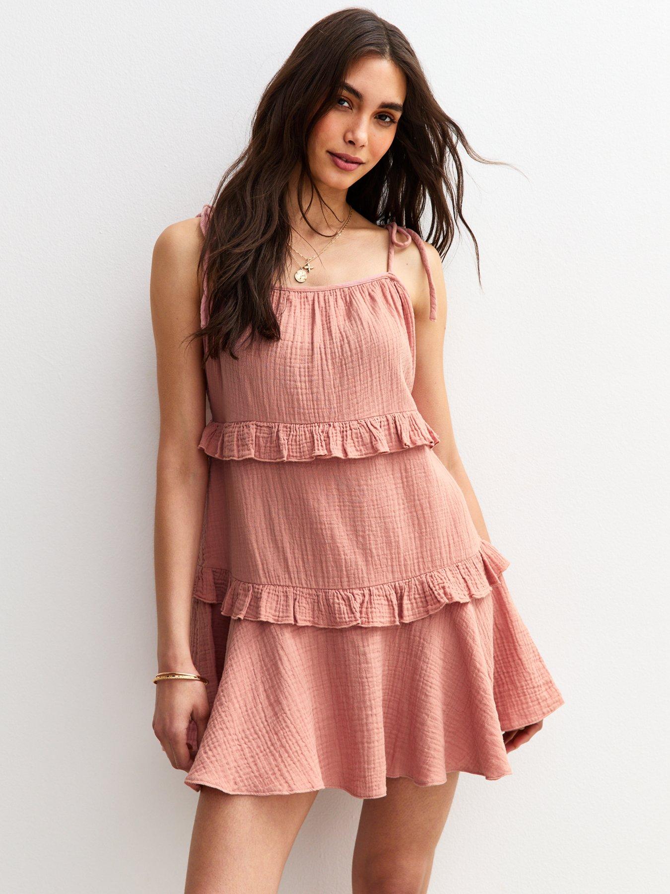 undefined Pink Tie Strap Ruffle Trimmed Mini Dress