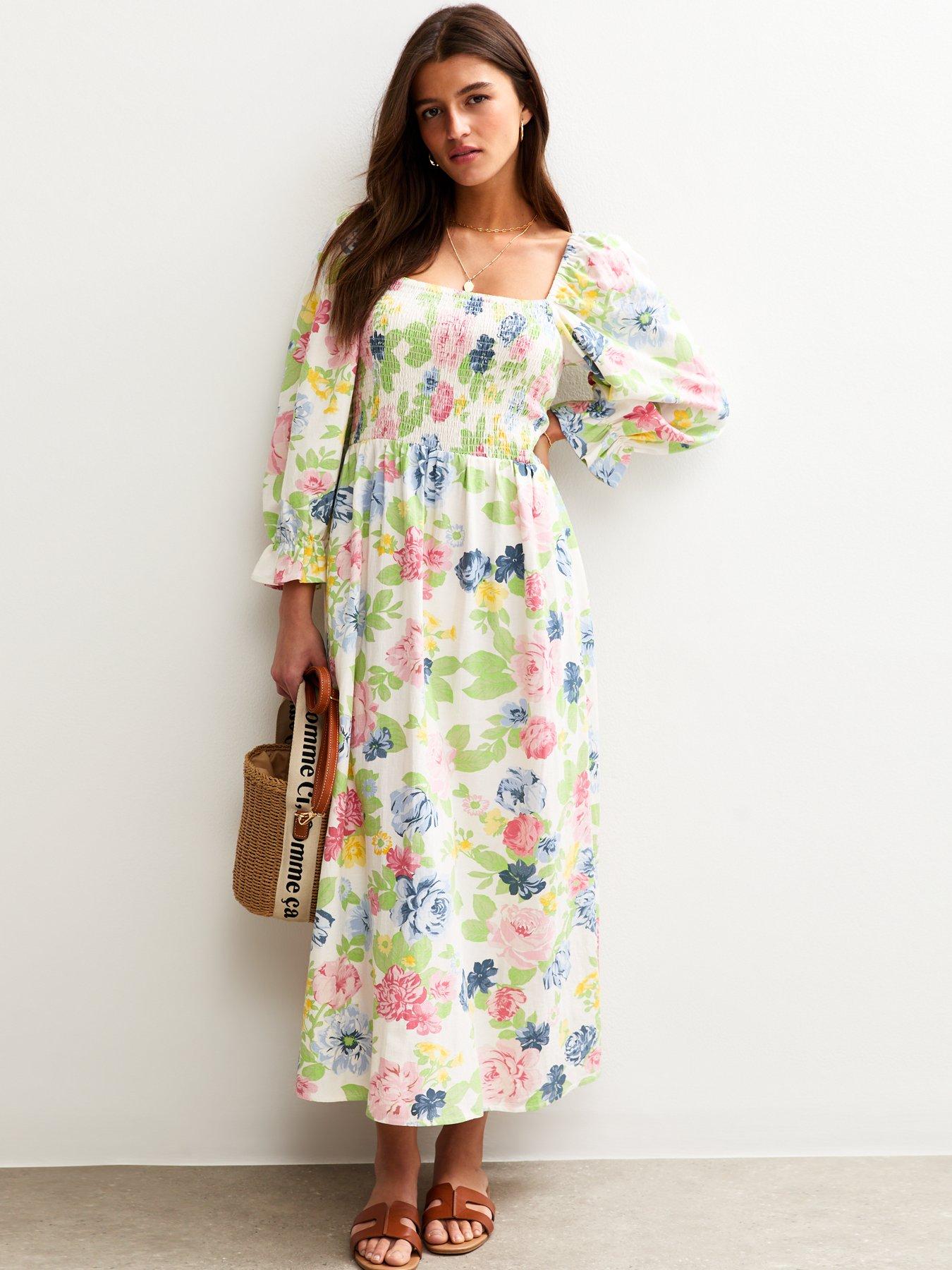 undefined Cream Floral Print Shirred Midi Dress