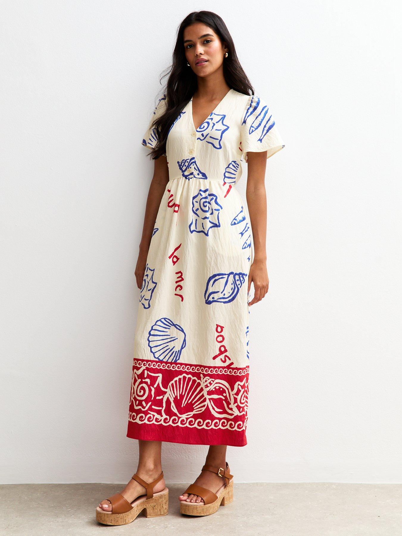 undefined Off White Shell Print Flutter Sleeve Button Midi Dress
