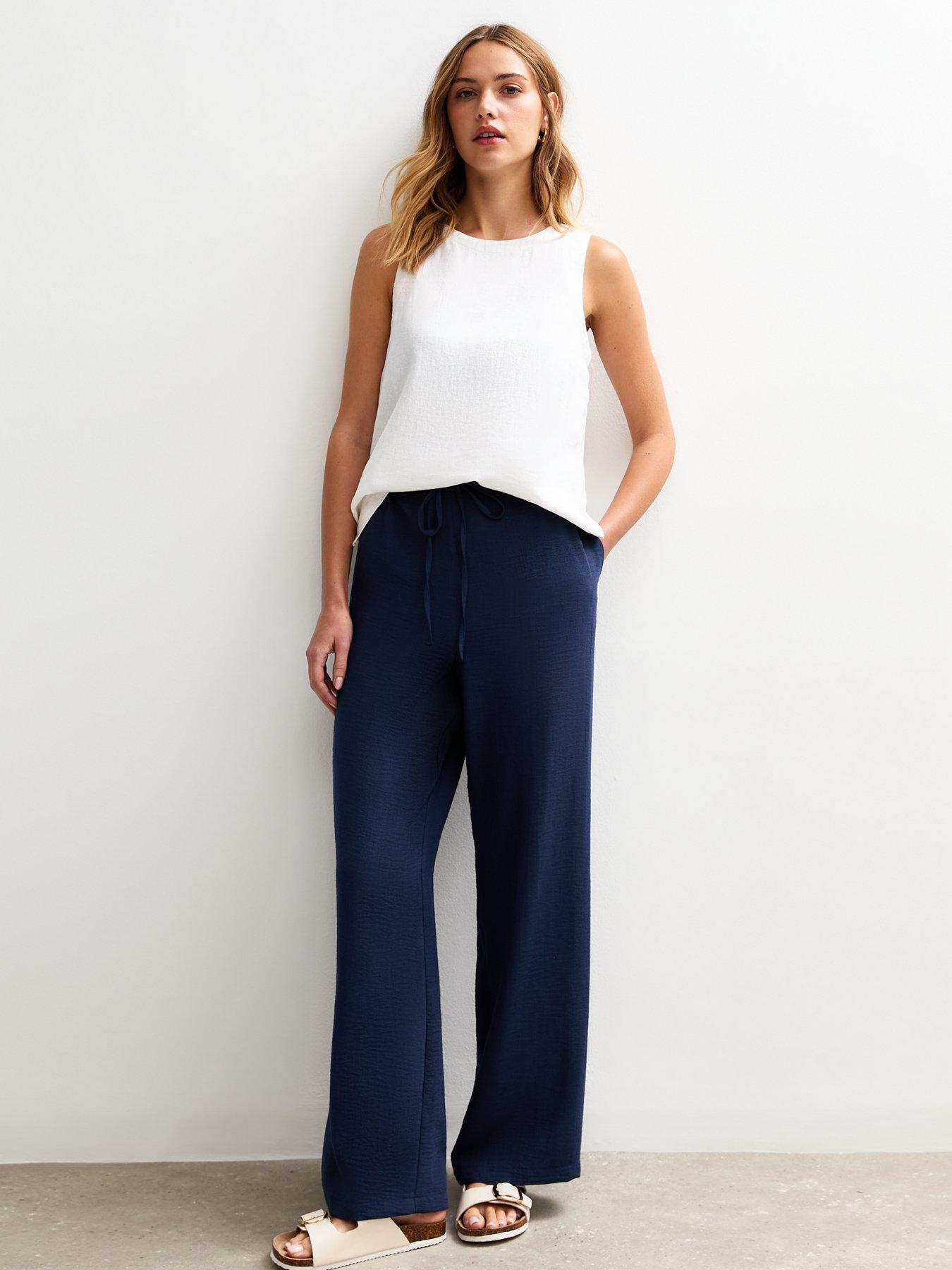 New Look Navy Linen Look Wide Leg Trousers