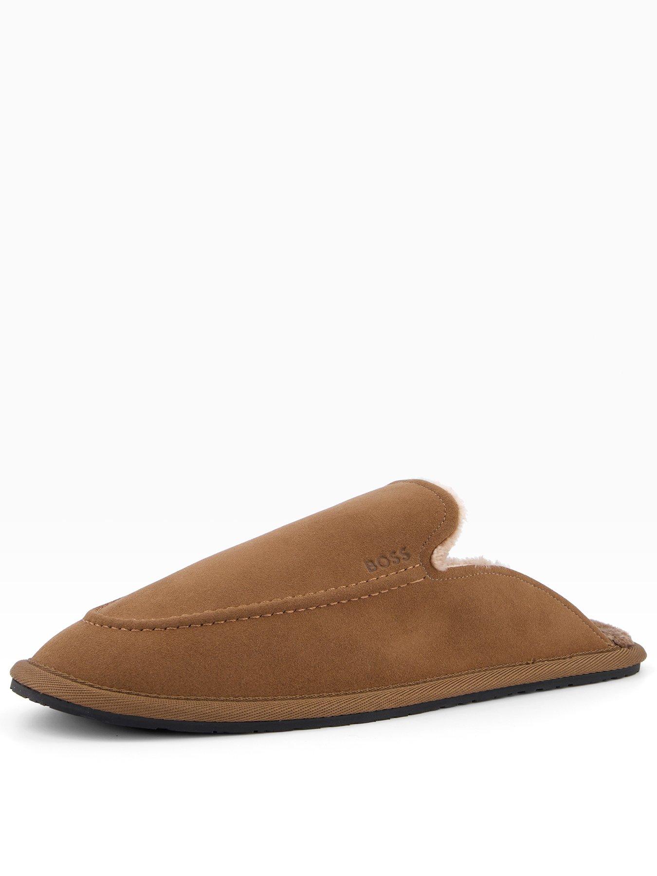  image of boss-home-faux-fur-lined-mule-slippers-brown