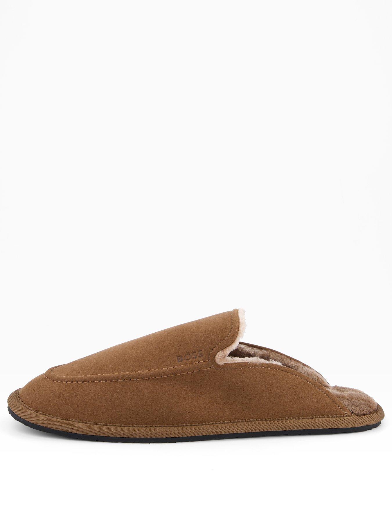  image of boss-home-faux-fur-lined-mule-slippers-brown