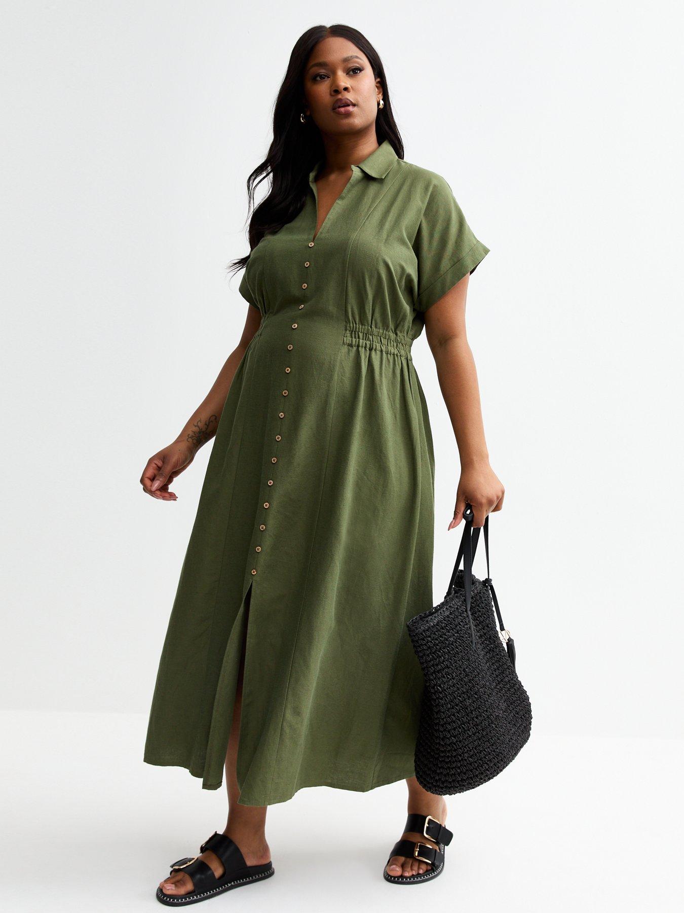 New Look Curves Shirred Waist Midi Shirt Dress - Dark Khaki