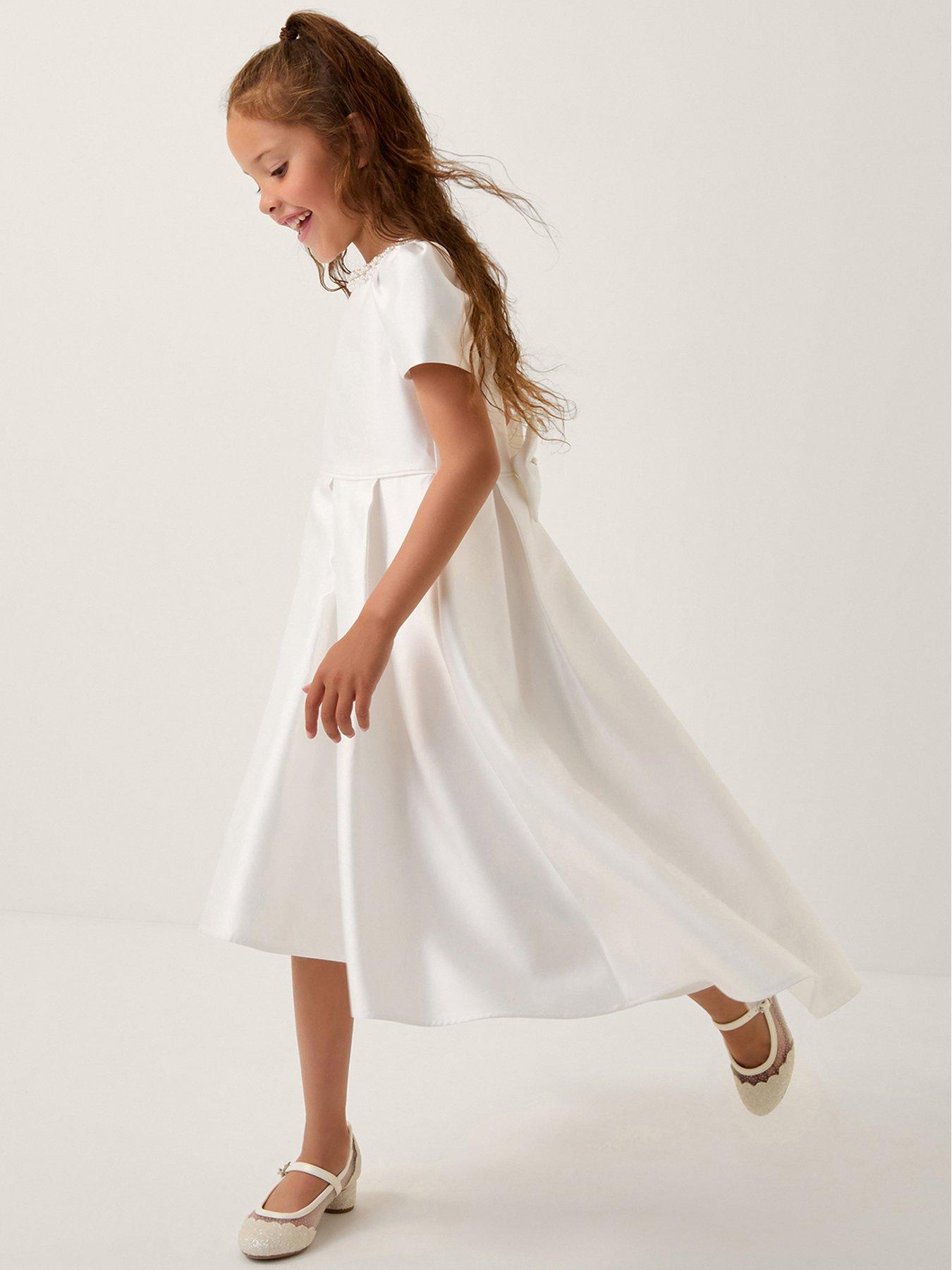 Image 1 of 4 of Monsoon Girls Isabella Pearl Neckline Dress - Light Cream