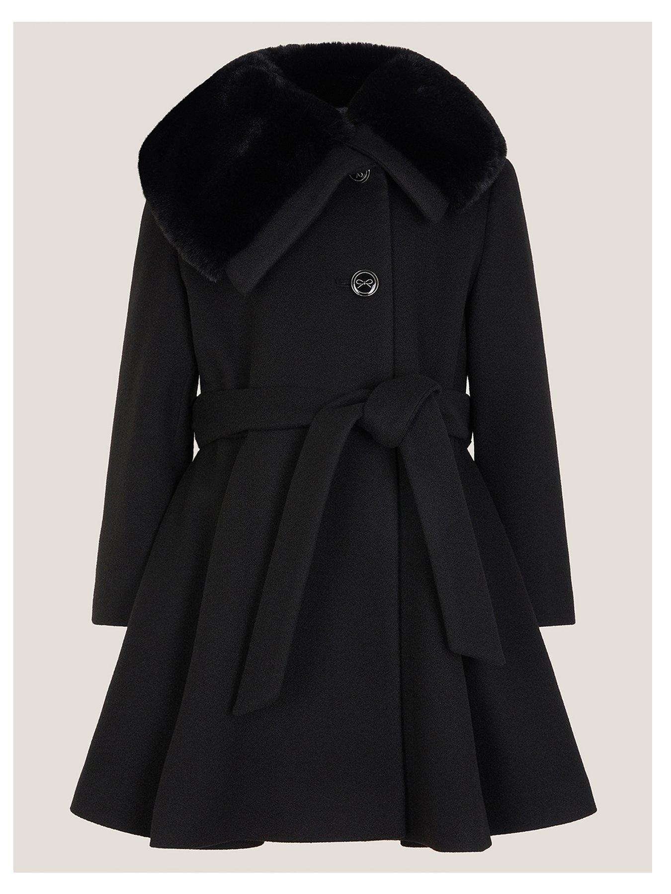 front image of monsoon-girls-belted-fur-coat-black