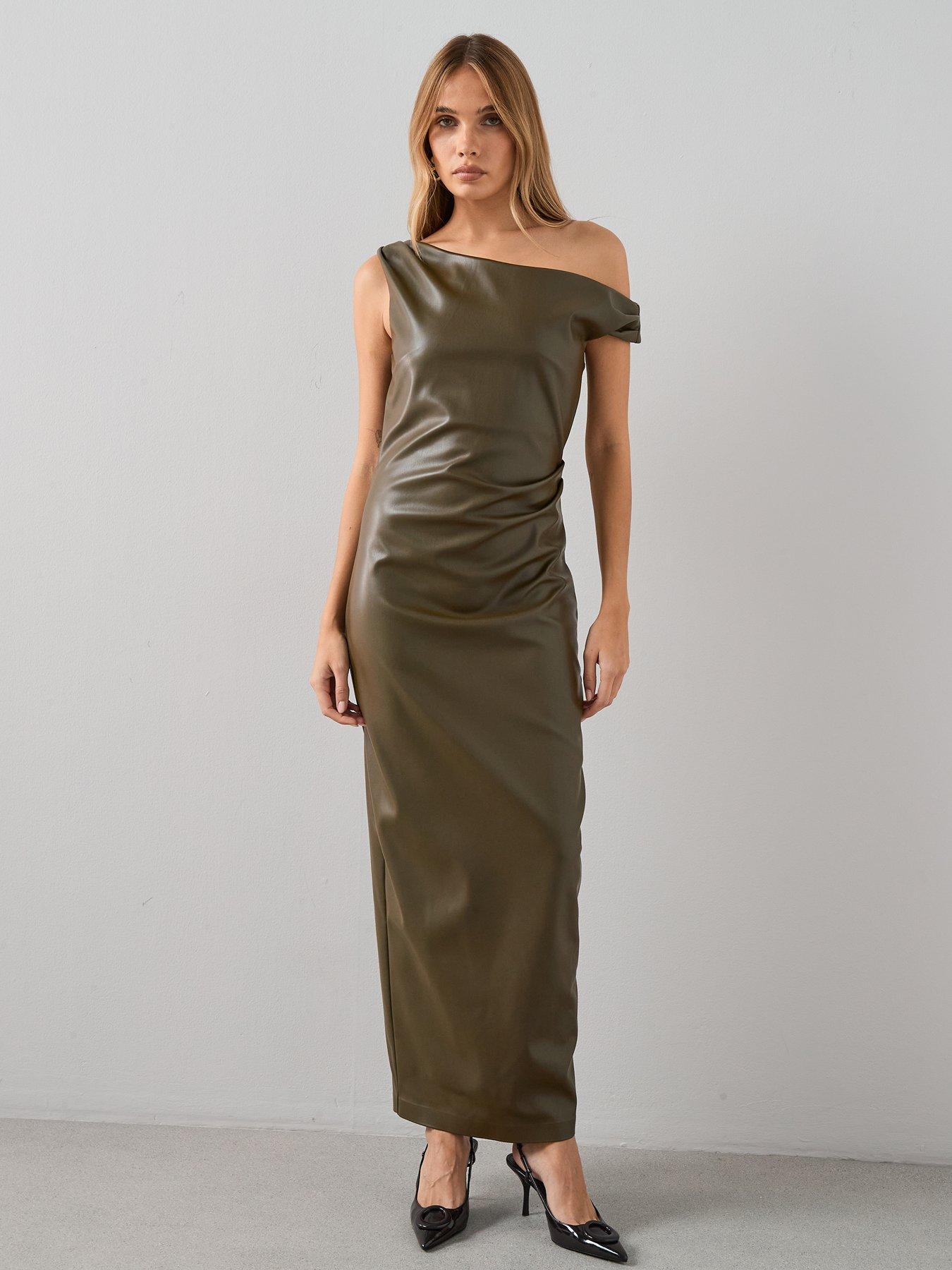  image of the-very-collection-pu-slouched-shoulder-midaxi-dress-green