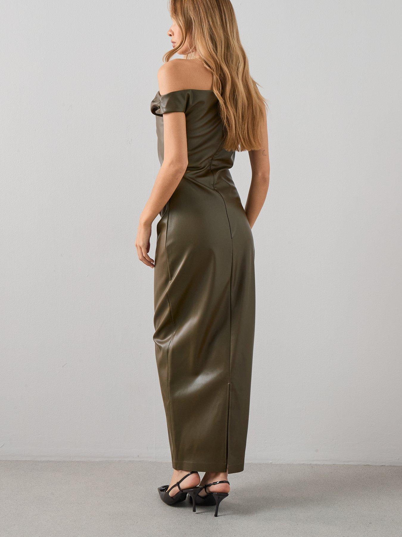 stillFront image of the-very-collection-pu-slouched-shoulder-midaxi-dress-green