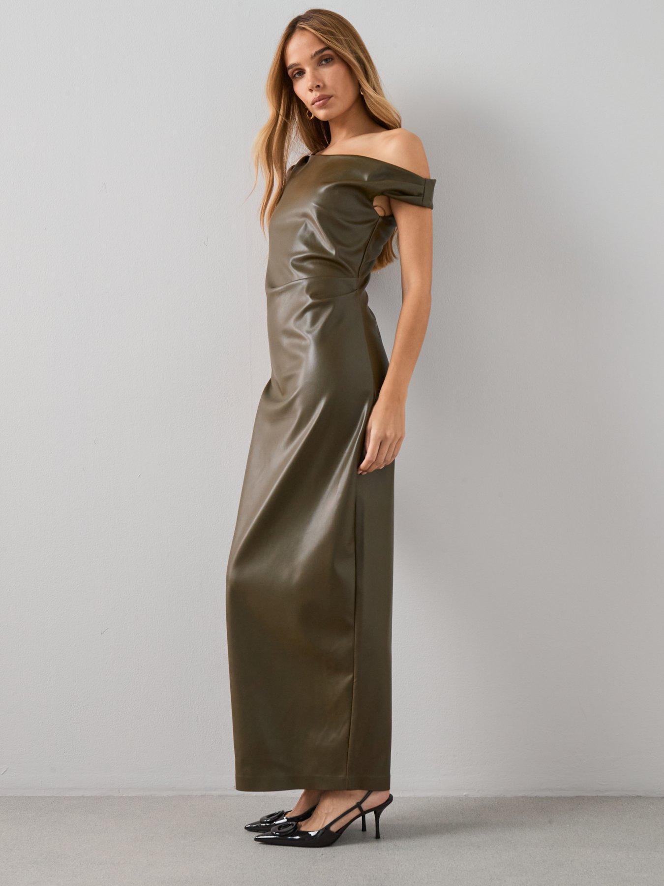  image of the-very-collection-pu-slouched-shoulder-midaxi-dress-green