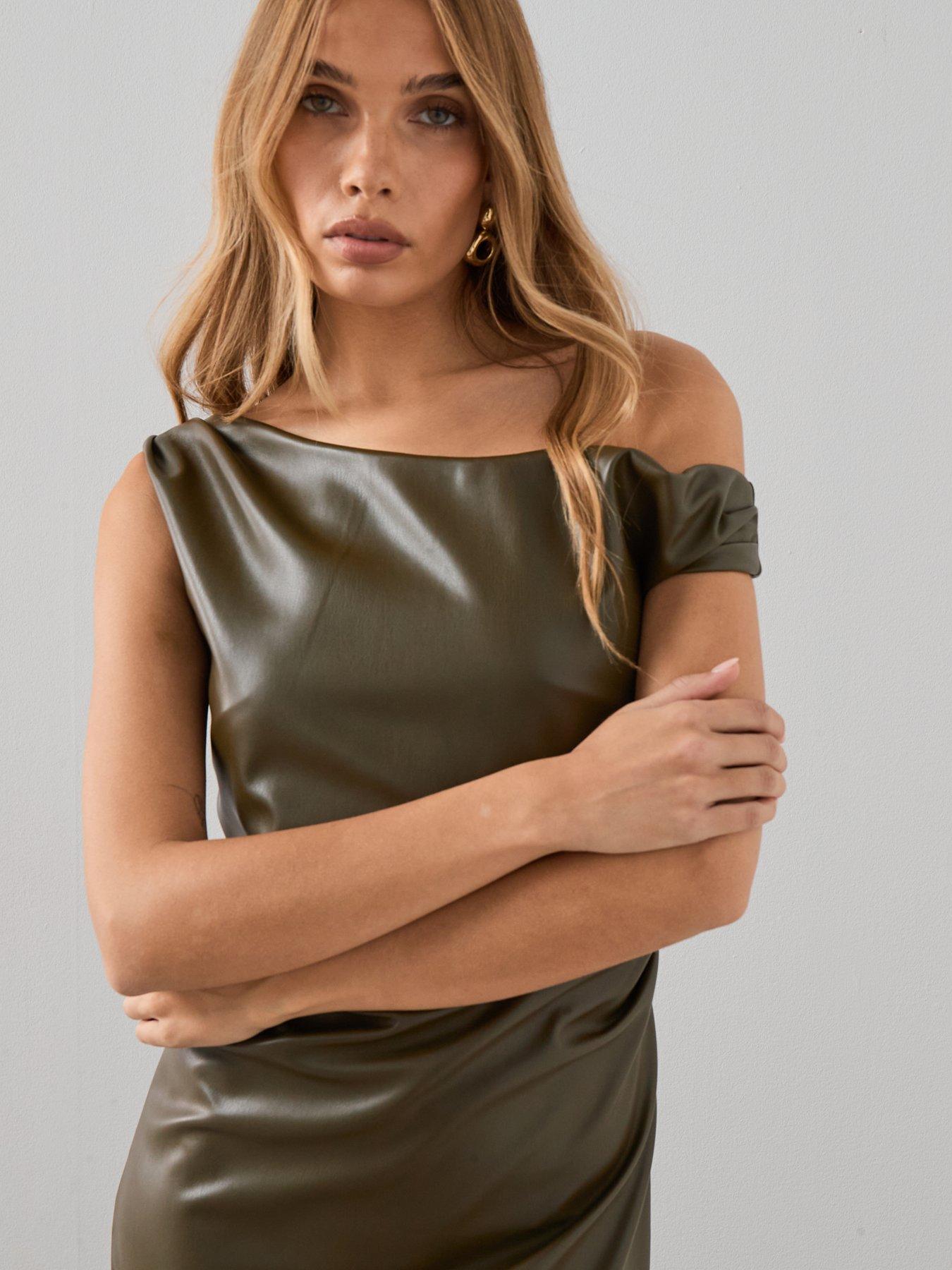  image of the-very-collection-pu-slouched-shoulder-midaxi-dress-green