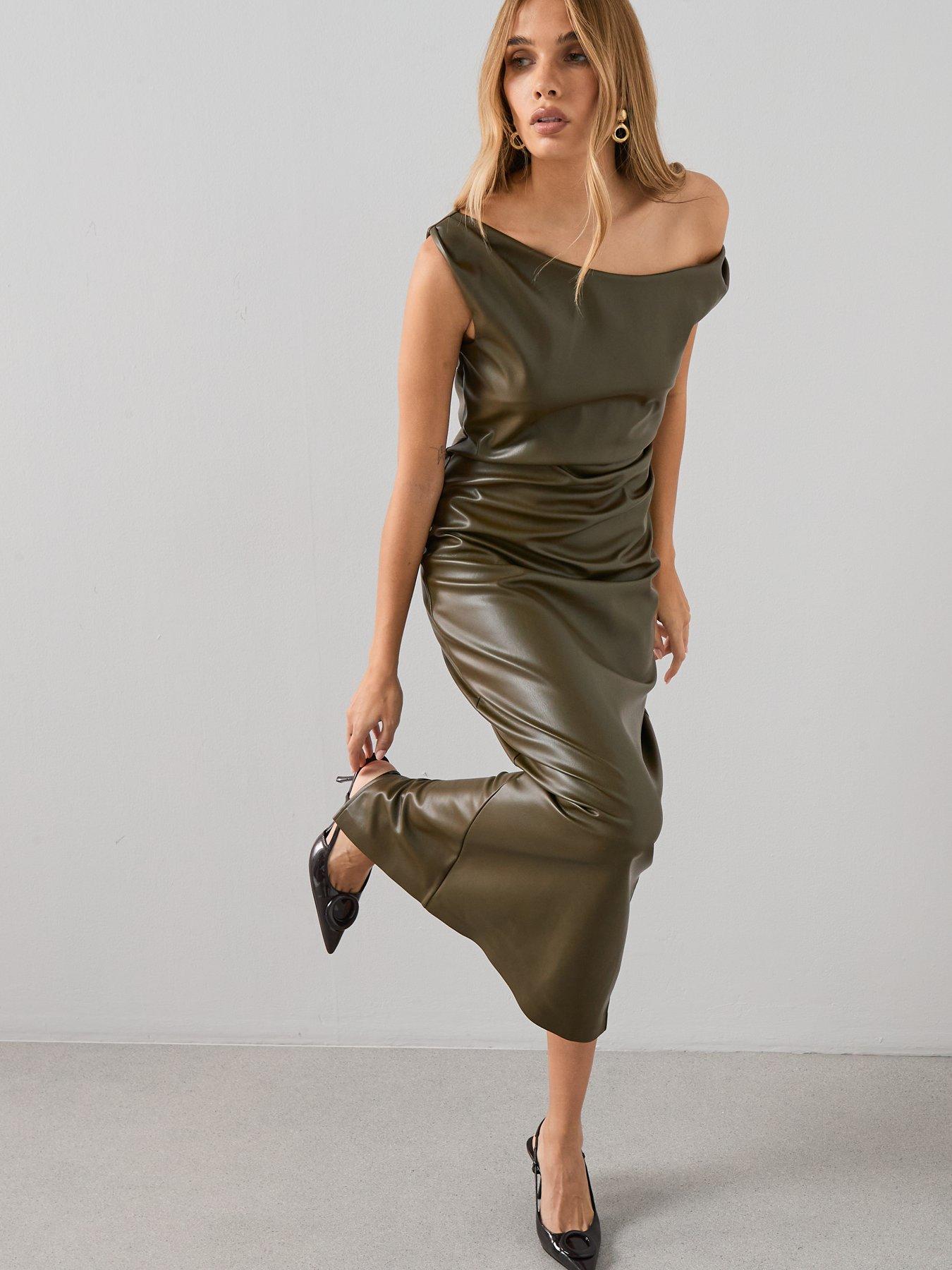  image of the-very-collection-pu-slouched-shoulder-midaxi-dress-green