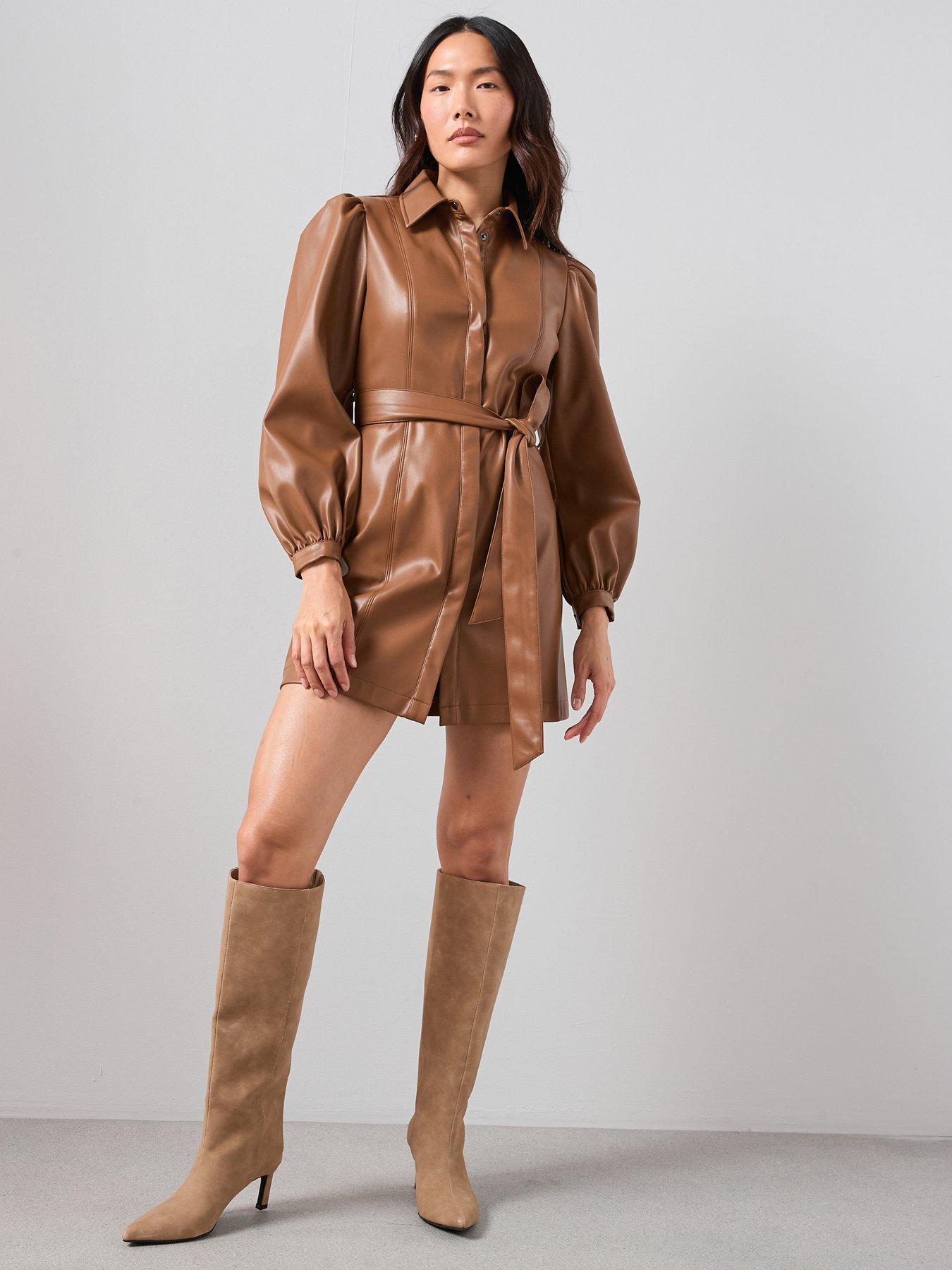 front image of the-very-collection-pu-belted-mini-shirt-dress-toffee