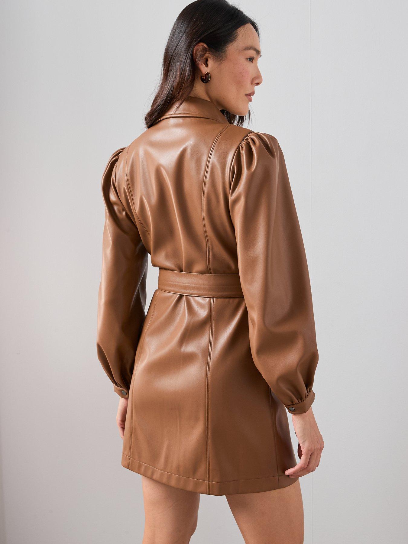  image of the-very-collection-pu-belted-mini-shirt-dress-toffee